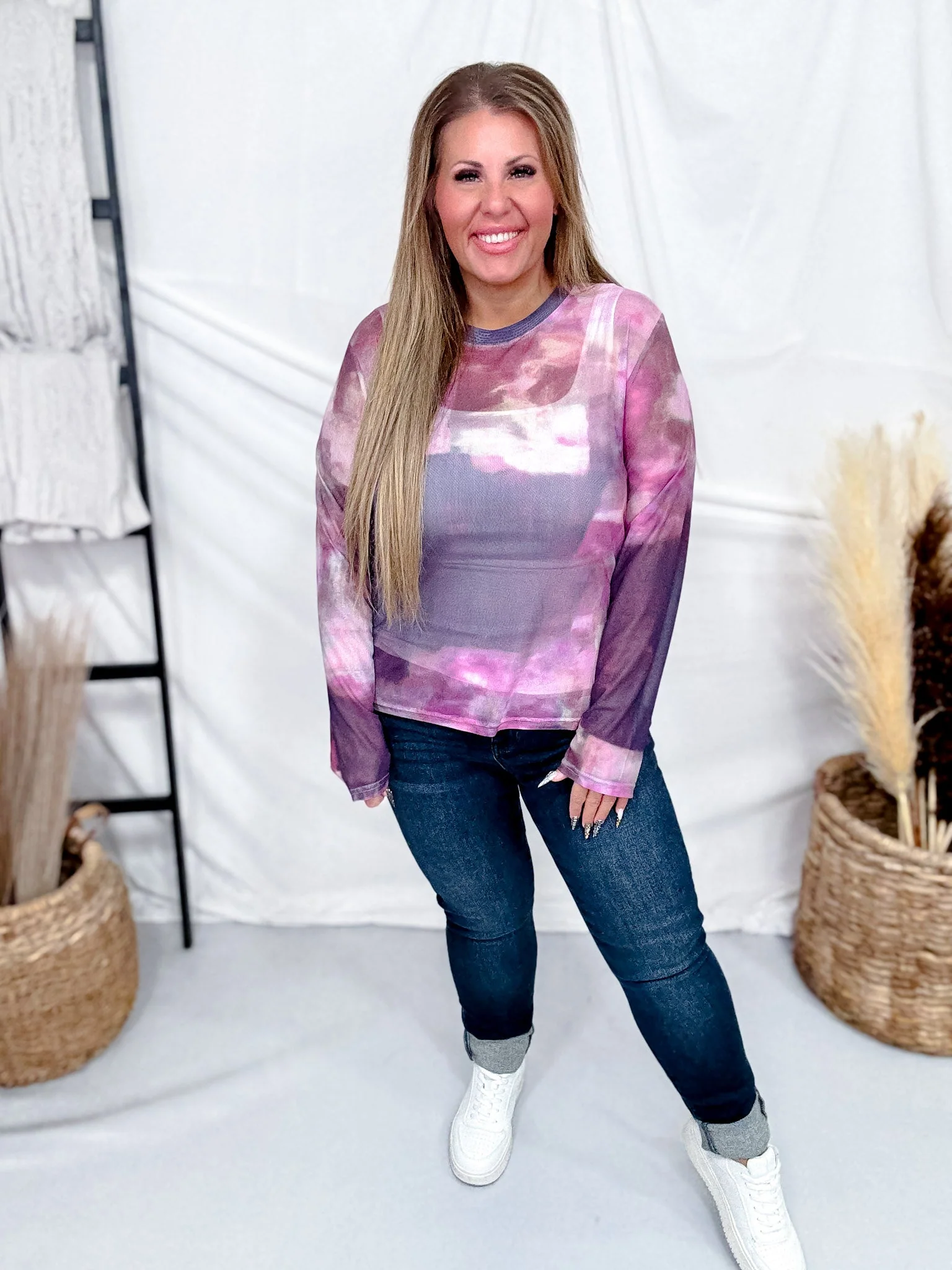 Abstract Orchid Long Sleeve Mesh Top - Image 7
