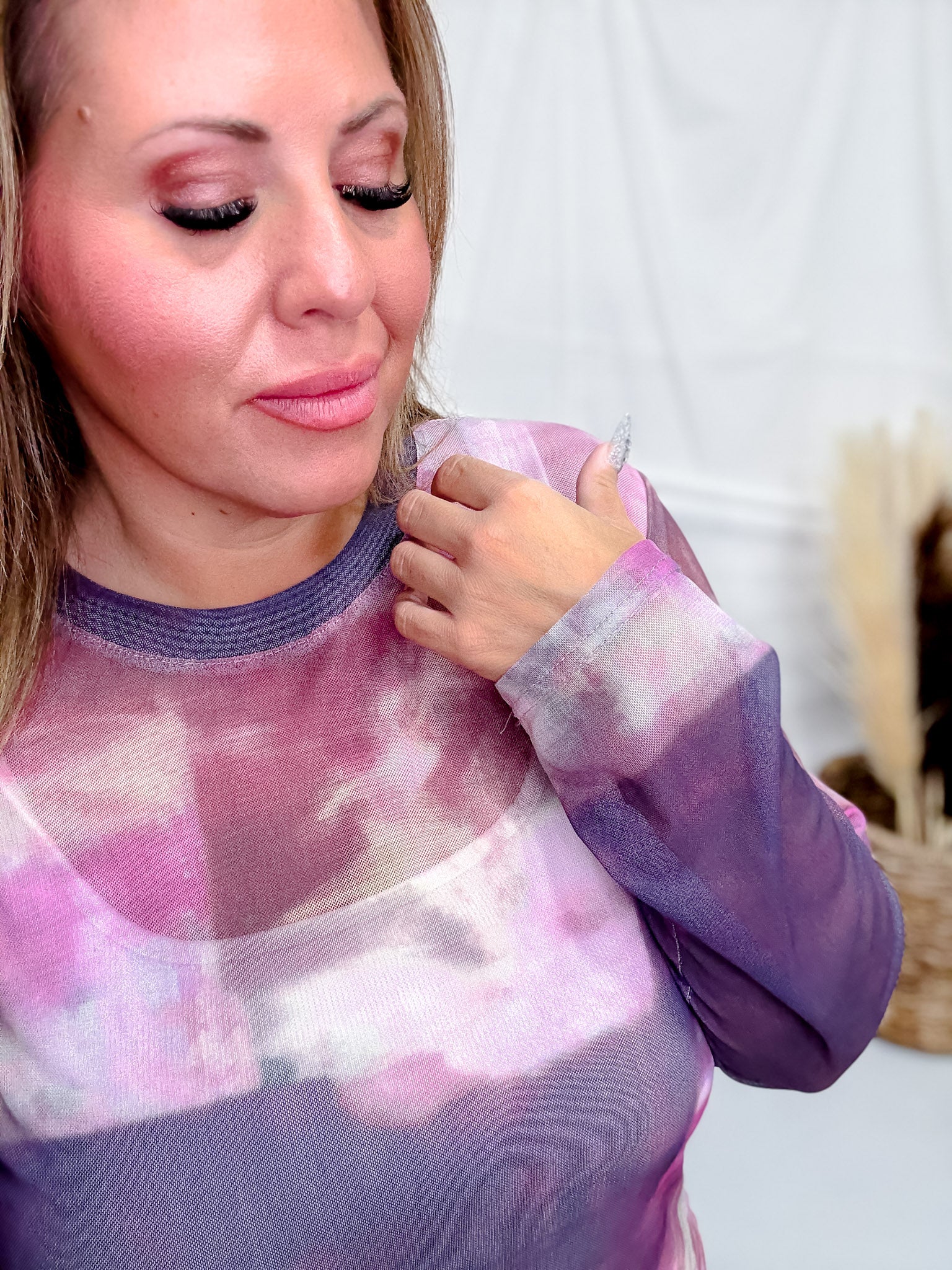 Abstract Orchid Long Sleeve Mesh Top - Image 8