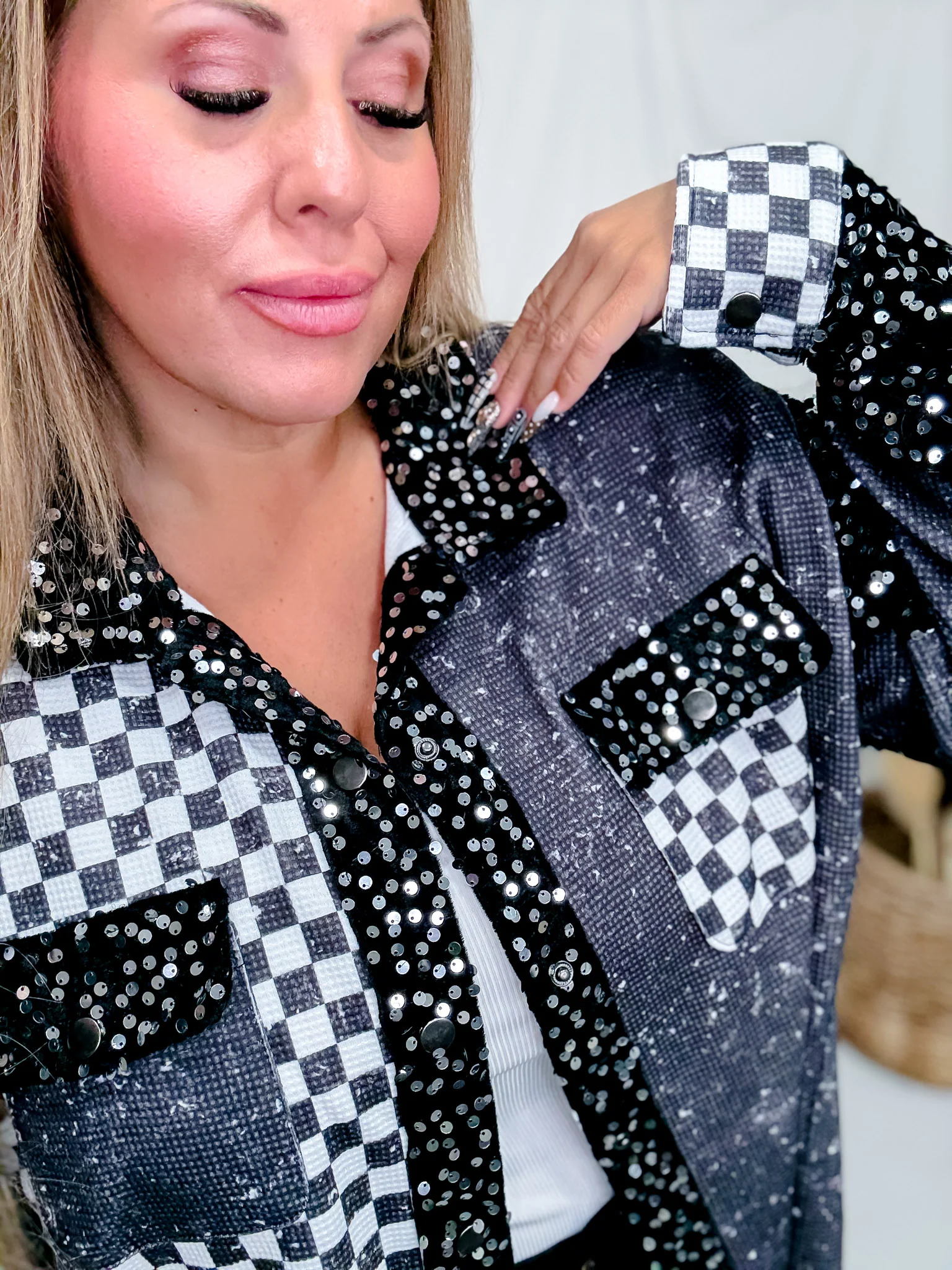 Bad & Boujee Checkered Shacket With Sequined Velvet Trim FINAL SALE - Image 3
