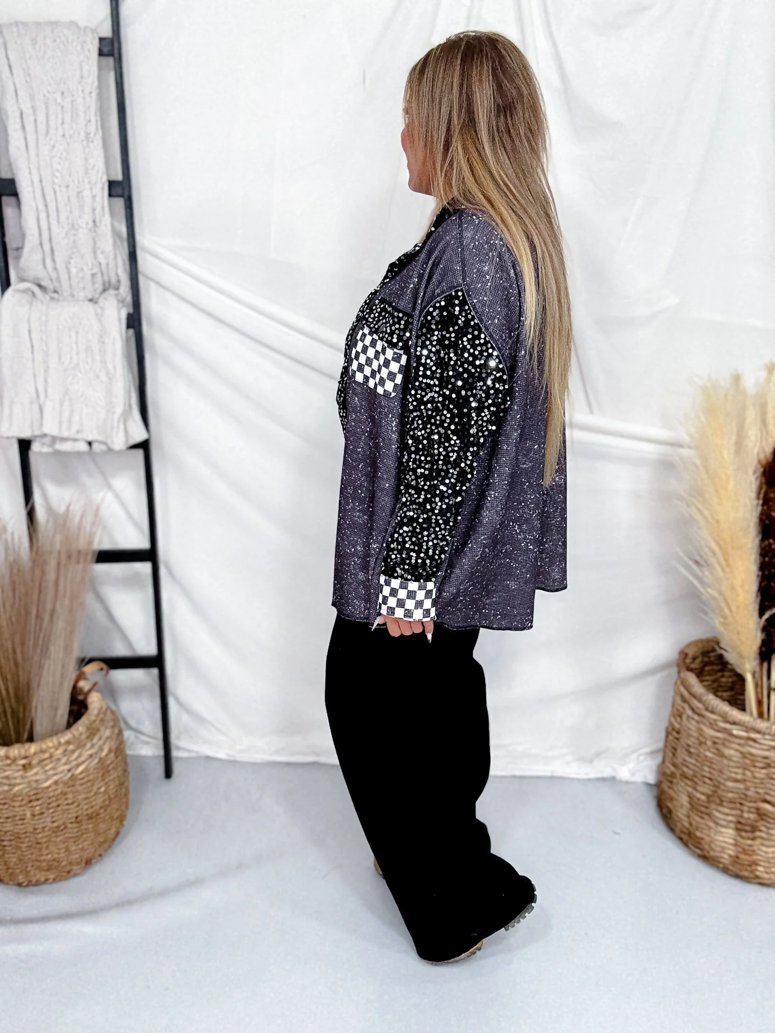 Bad & Boujee Checkered Shacket With Sequined Velvet Trim FINAL SALE - Image 5