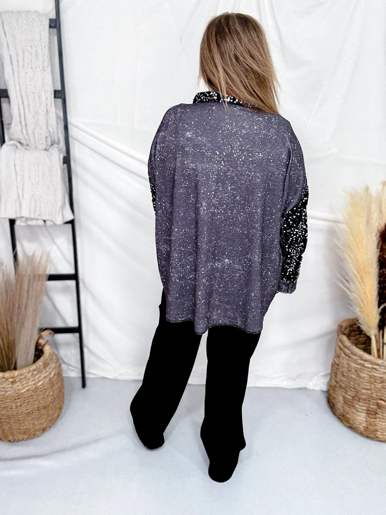 Bad & Boujee Checkered Shacket With Sequined Velvet Trim FINAL SALE - Image 6