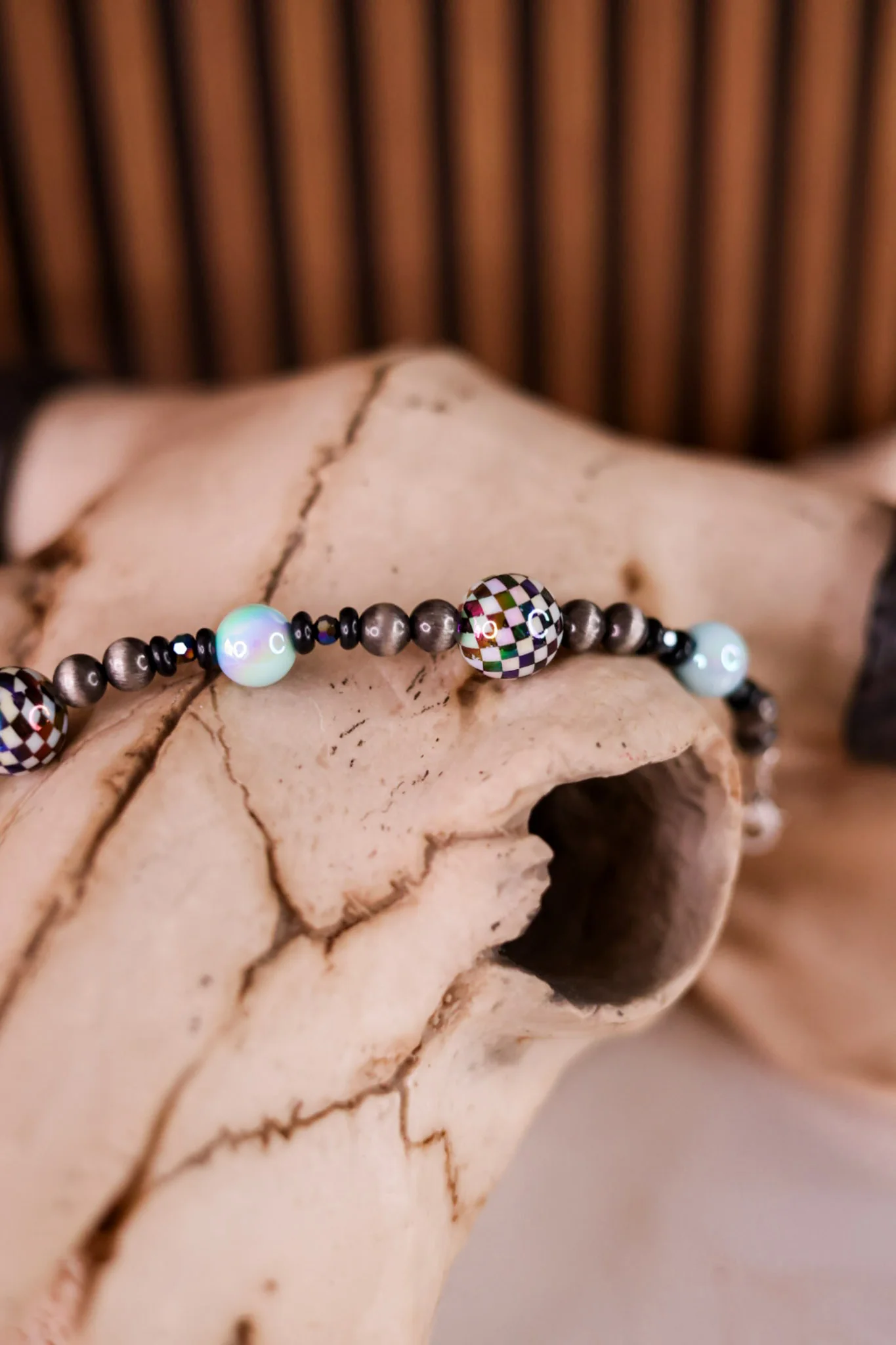 Black Ball Western Style Cowgirl Pearl & Checkerboard Trucker Hat Chain - Image 3