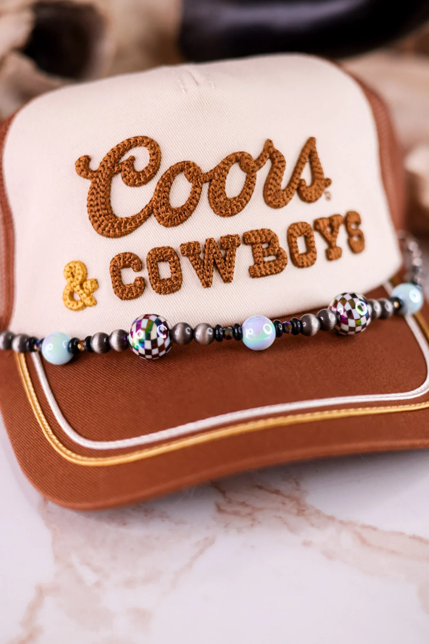 Black Ball Western Style Cowgirl Pearl & Checkerboard Trucker Hat Chain - Image 5