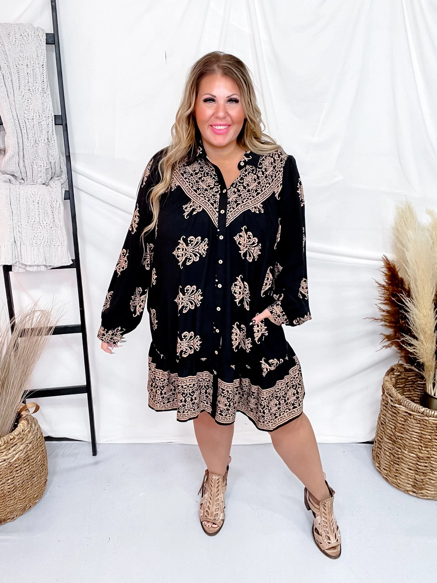 Black Border Printed Challis Long Sleeve Shirt Dress FINAL SALE - Image 3