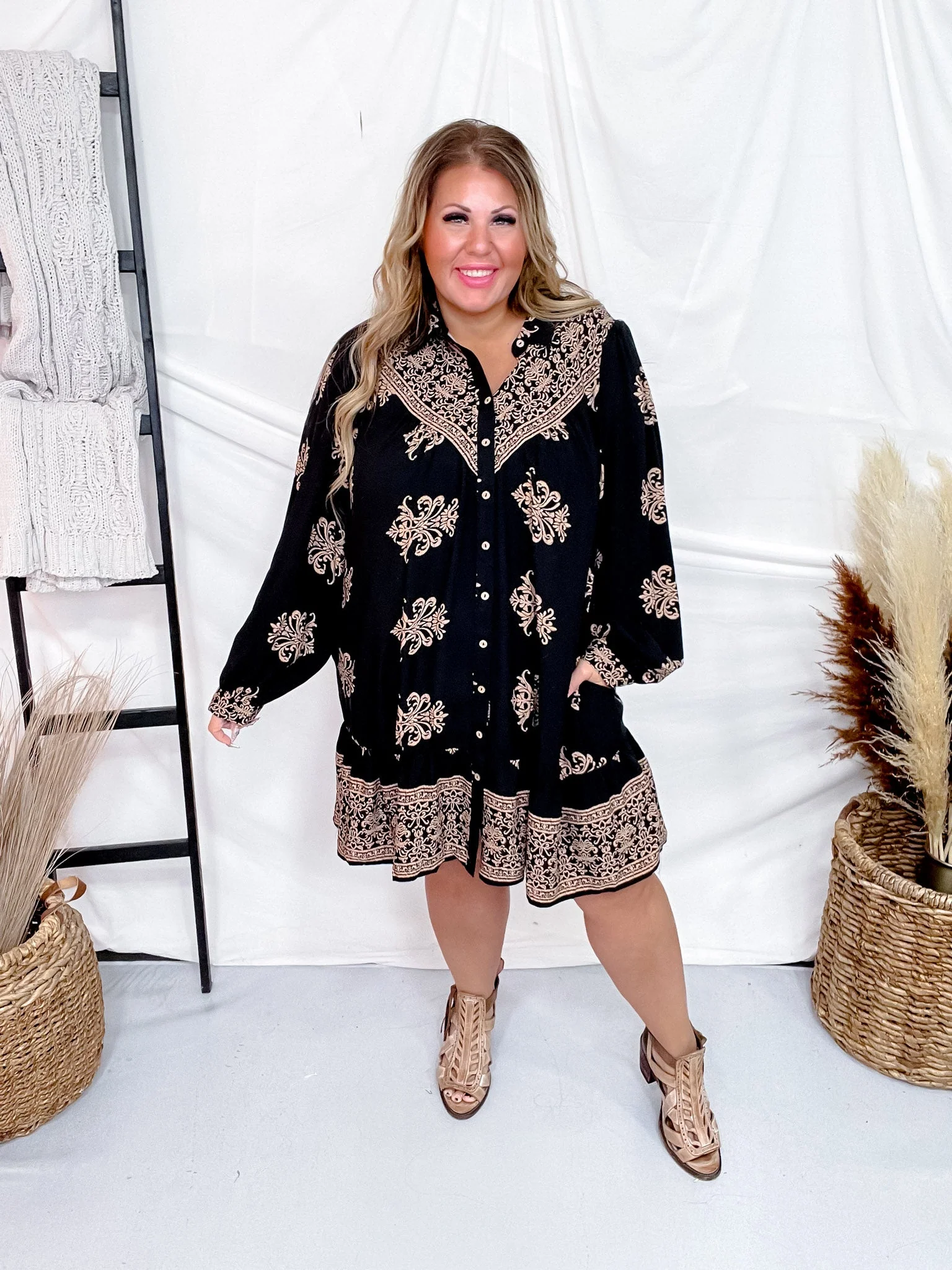 Black Border Printed Challis Long Sleeve Shirt Dress FINAL SALE - Image 4