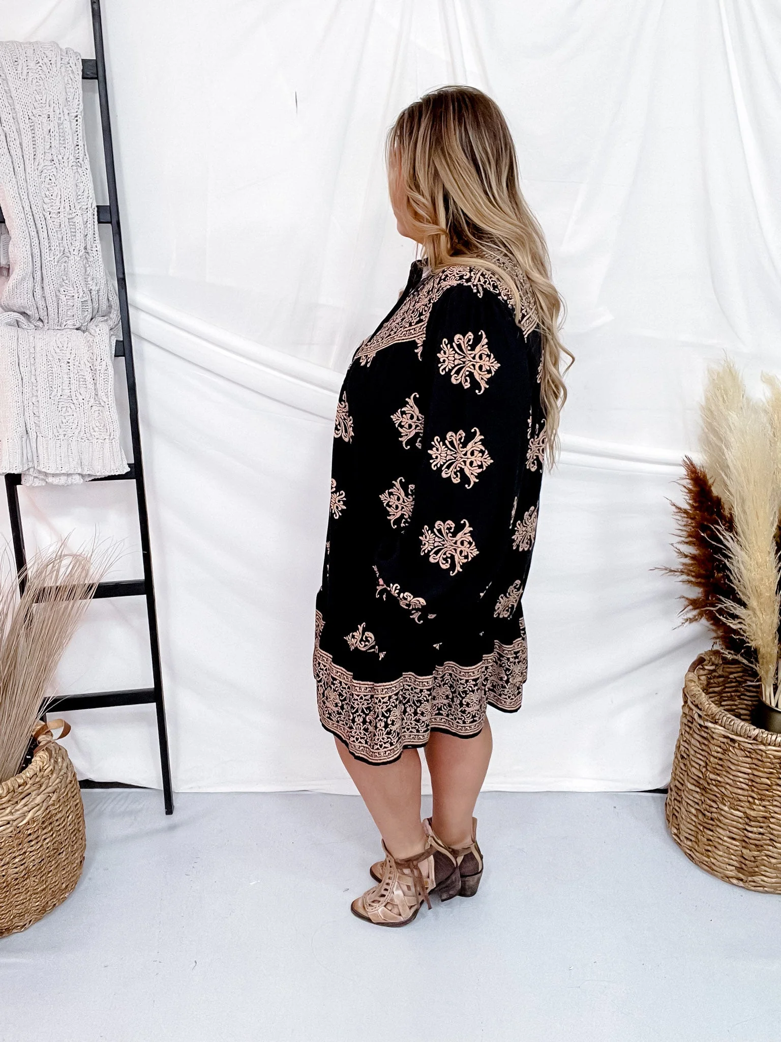 Black Border Printed Challis Long Sleeve Shirt Dress FINAL SALE - Image 5