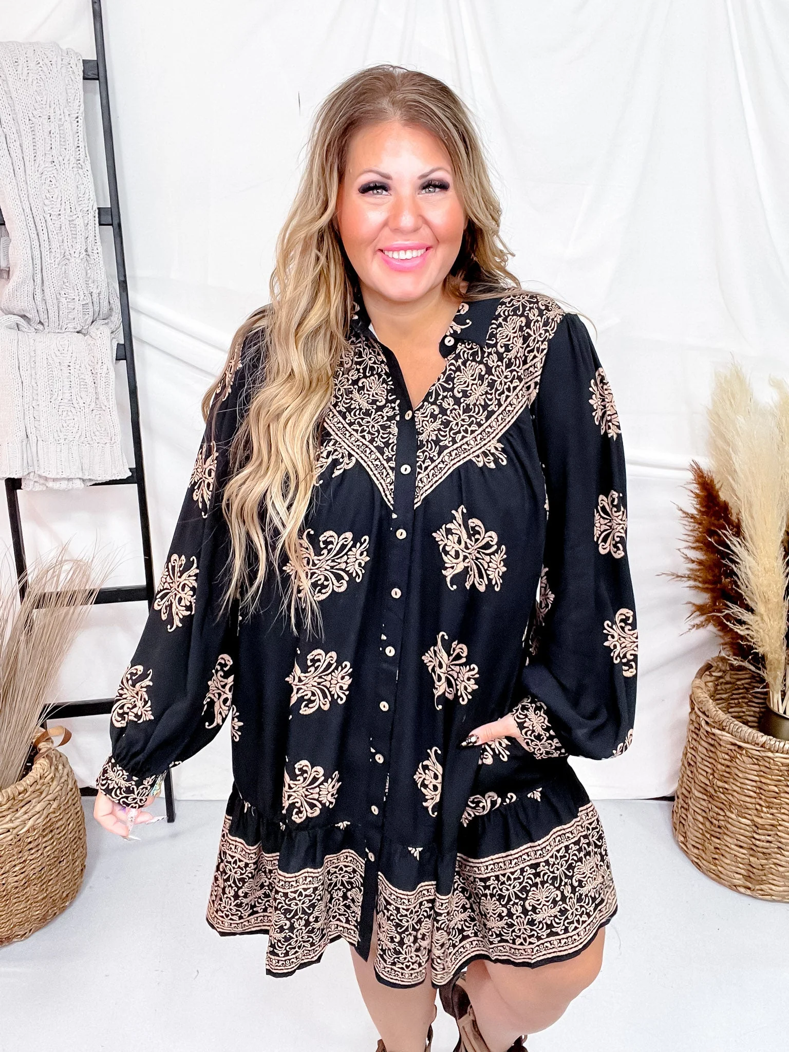 Black Border Printed Challis Long Sleeve Shirt Dress FINAL SALE - Image 7