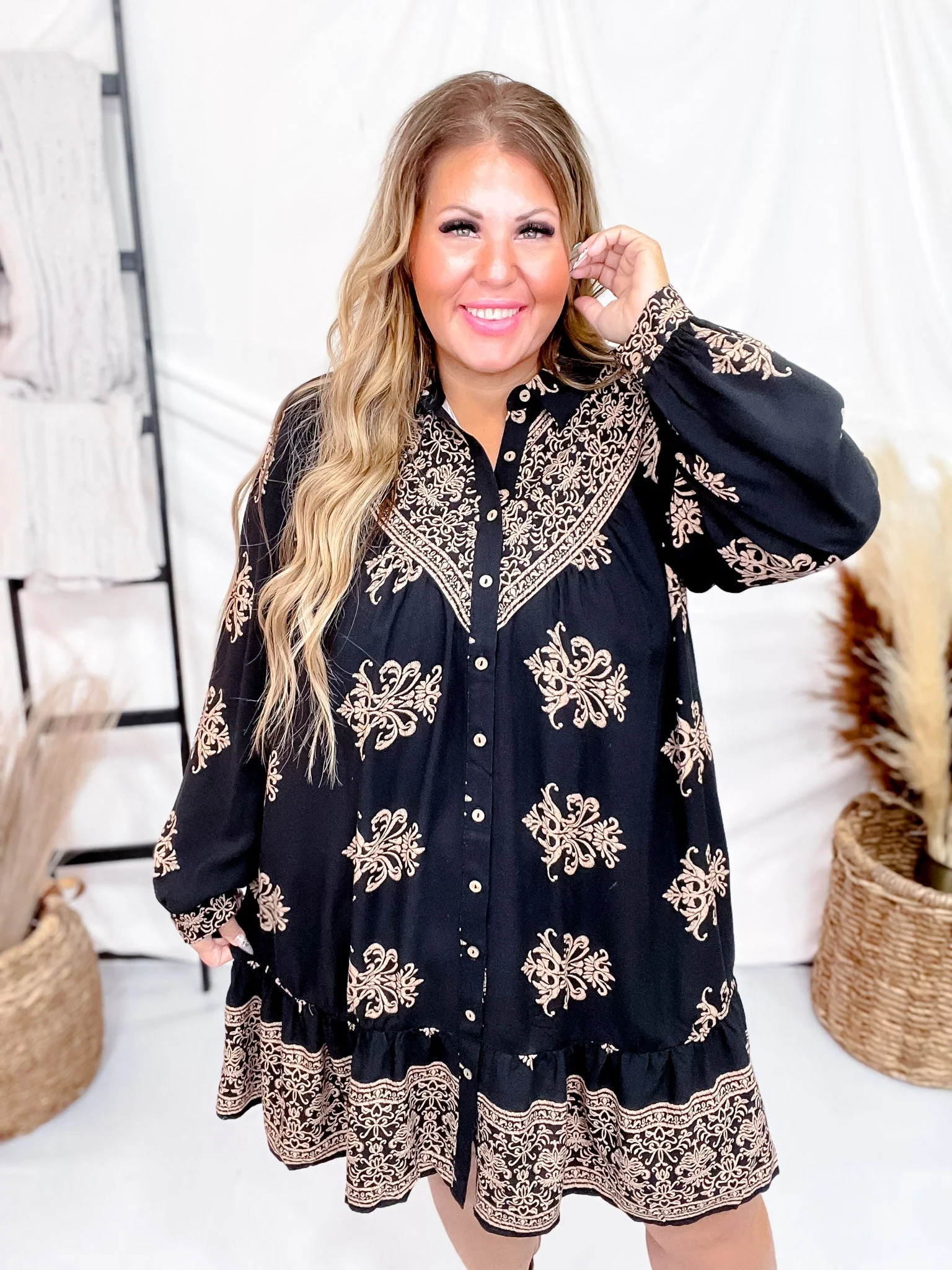 Black Border Printed Challis Long Sleeve Shirt Dress FINAL SALE - Image 9