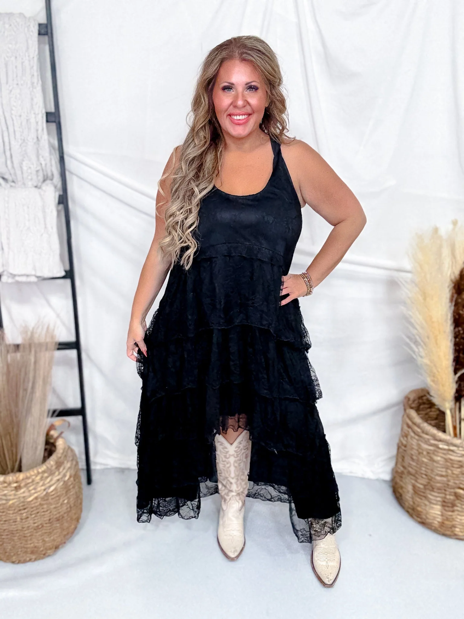 Black Lace Round Neck High-Low Dress With Twist Straps - Image 2
