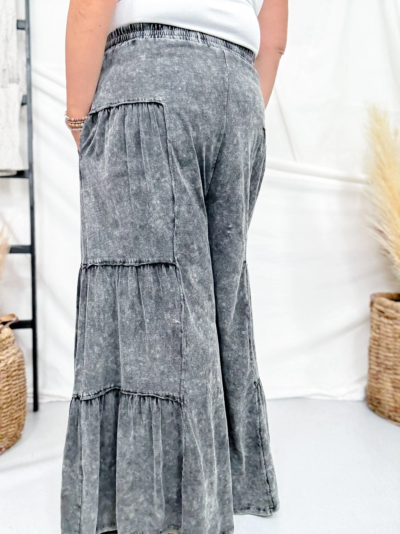 Black Mineral Washed Tiered Wide Leg Pants FINAL SALE - Image 5