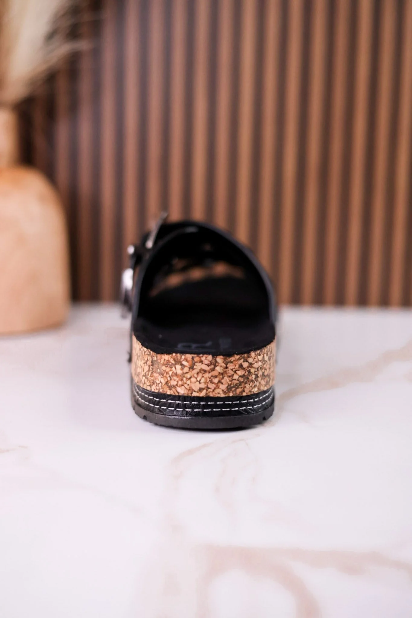 Black "Morgana" Dual Strap Tooled Faux Leather Sandals - Image 7