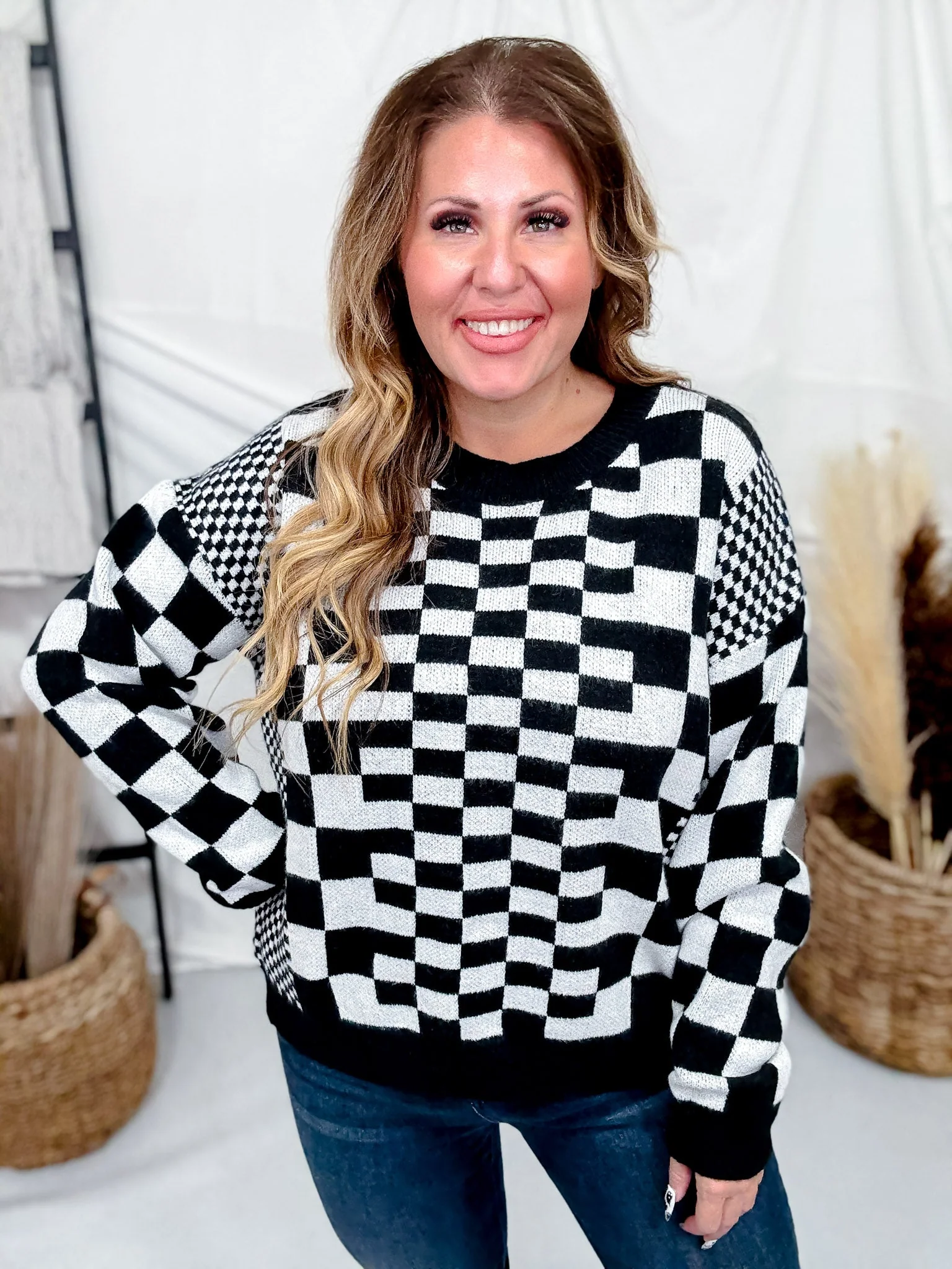 Black & Off White Chic Checkered Casual Pullover Sweater FINAL SALE - Image 3
