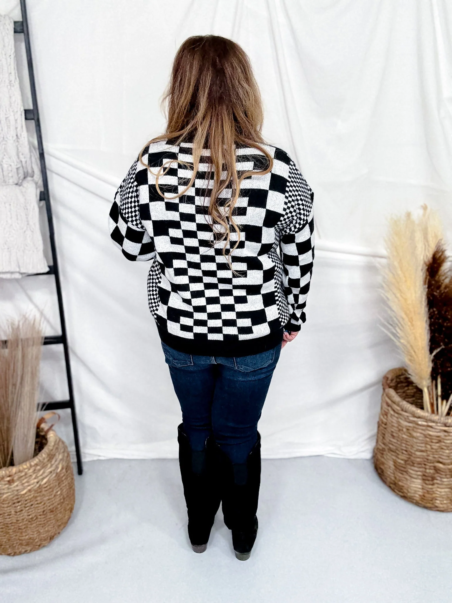 Black & Off White Chic Checkered Casual Pullover Sweater FINAL SALE - Image 4