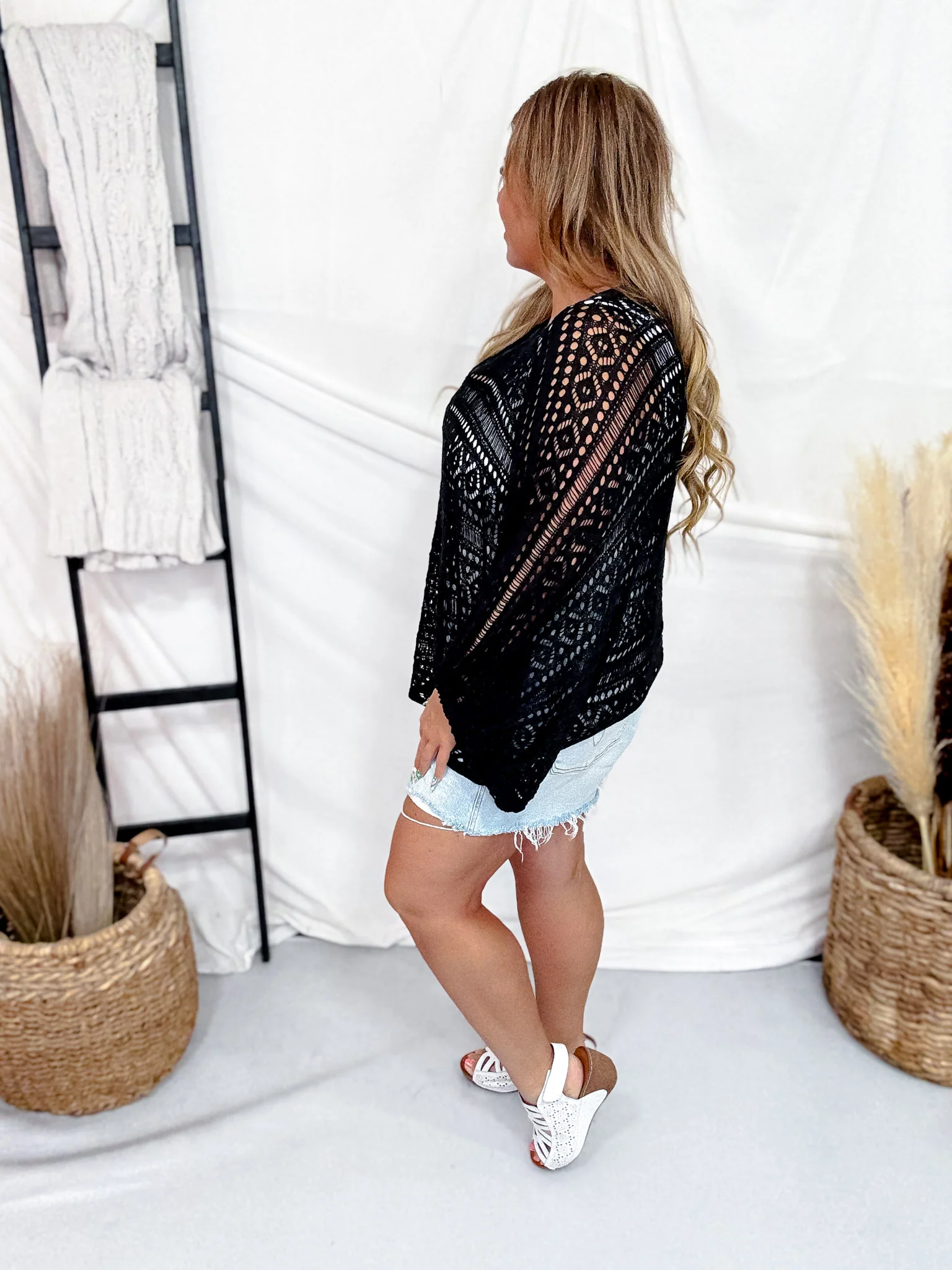 Black Open Knit Cover Up With Dolman Sleeves FINAL SALE - Image 6