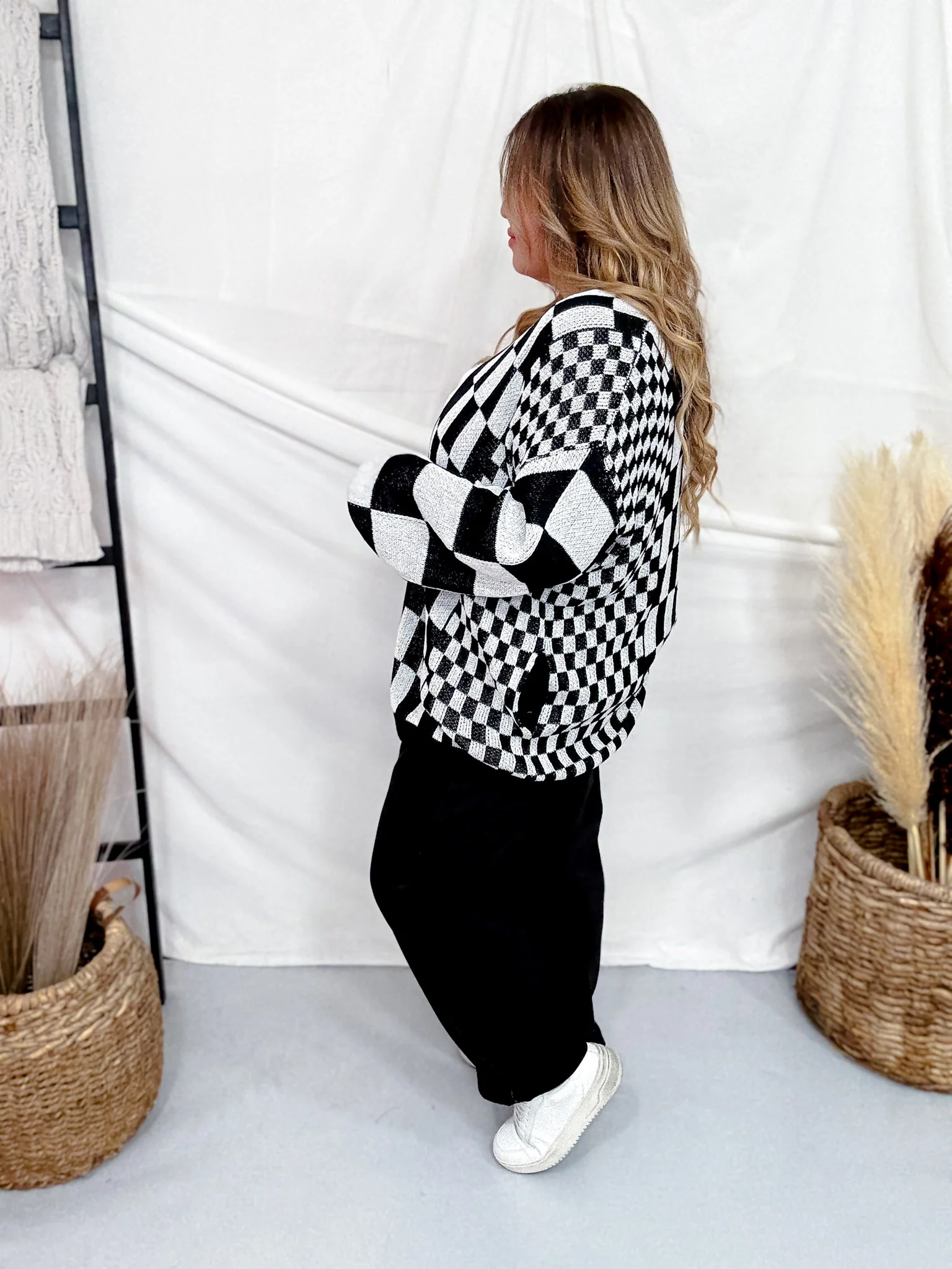 Black & White Checkerboard Open Front Cardigan FINAL SALE - Image 5