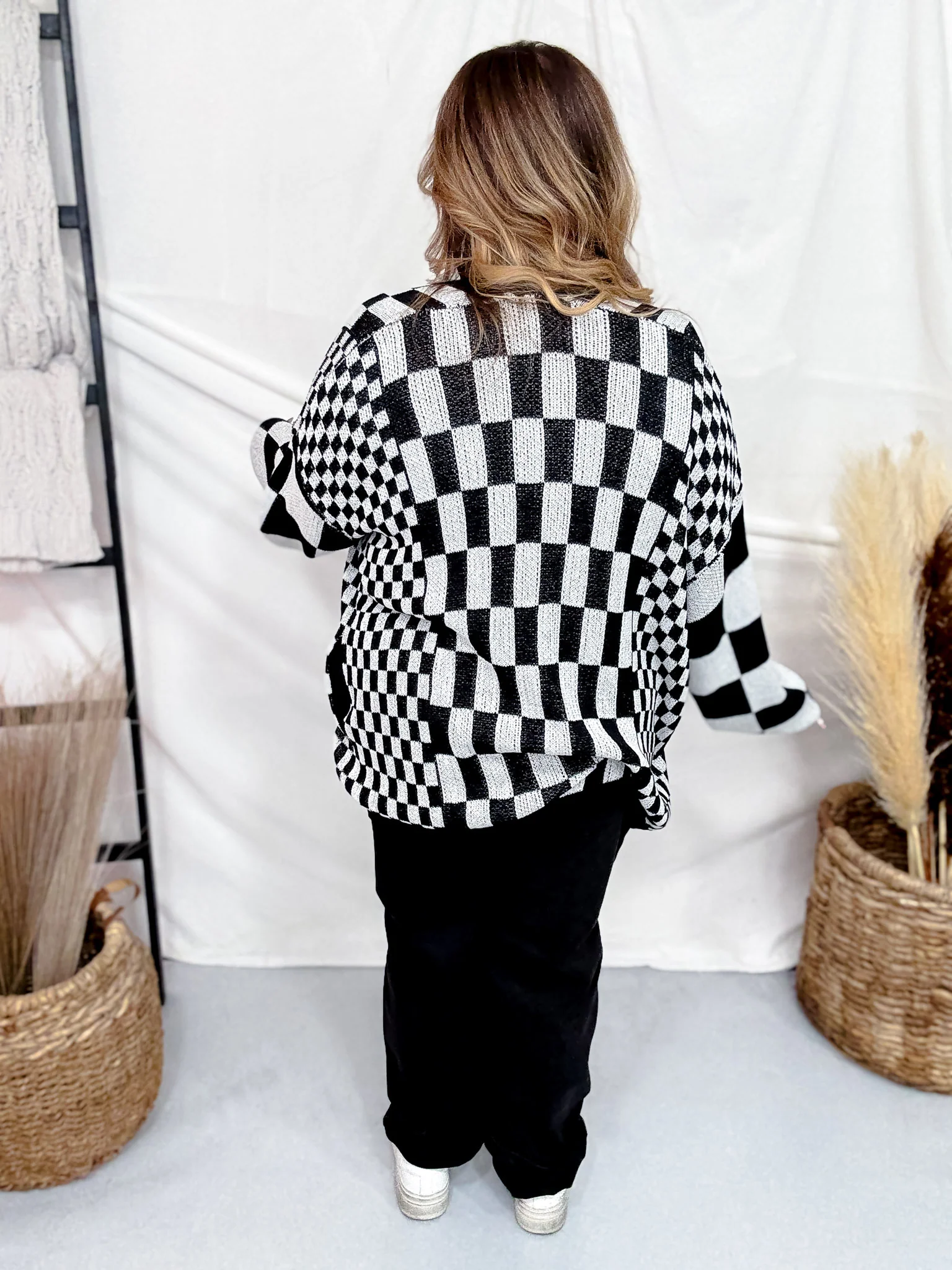 Black & White Checkerboard Open Front Cardigan FINAL SALE - Image 6
