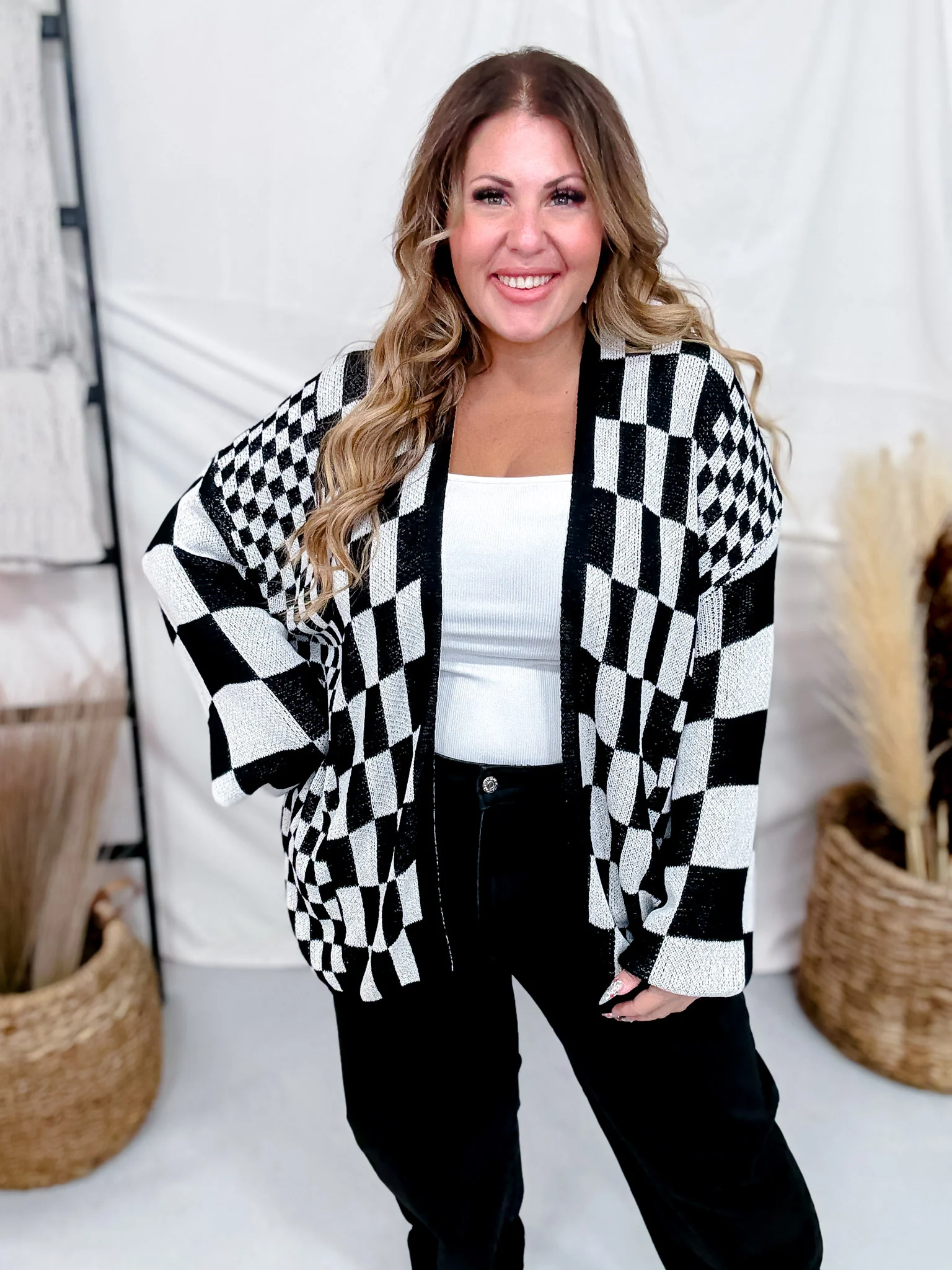 Black & White Checkerboard Open Front Cardigan FINAL SALE - Image 7