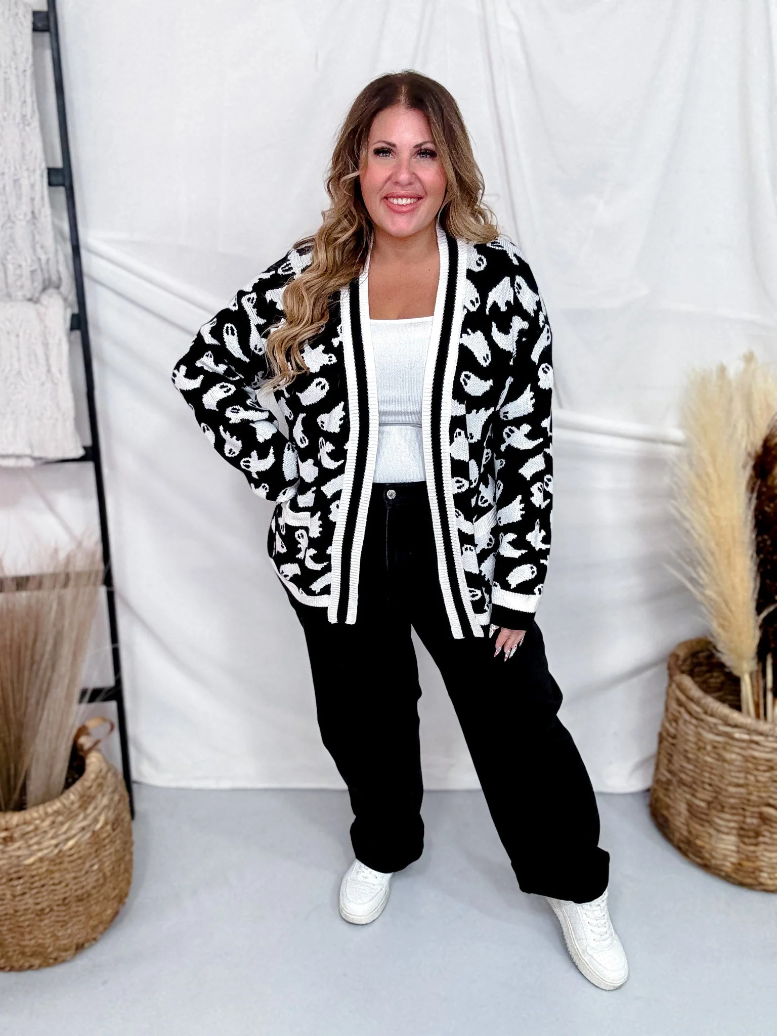 Black & White Checkerboard Open Front Cardigan FINAL SALE - Image 8