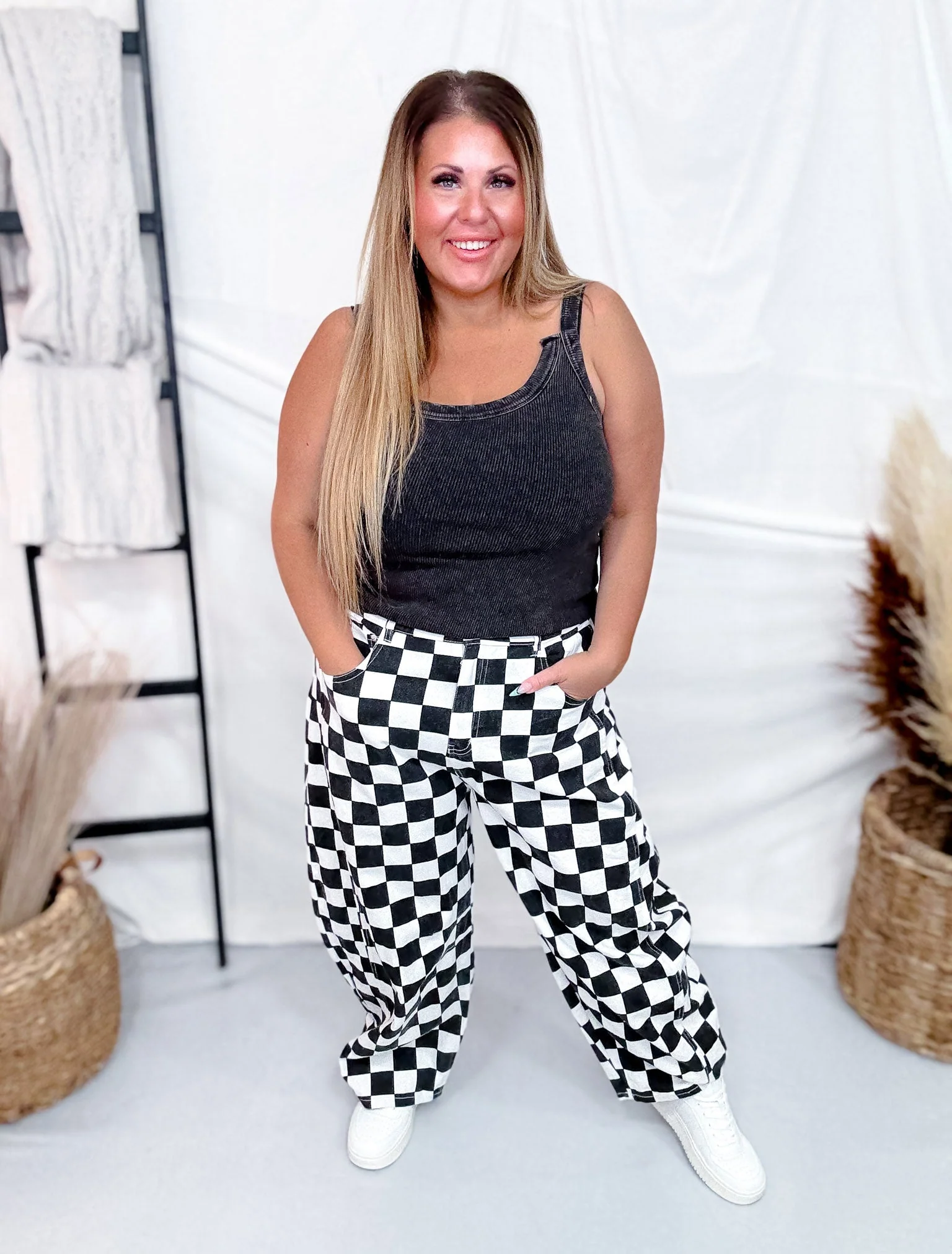 Black & White Checkered Barrel Leg Pants - Image 3