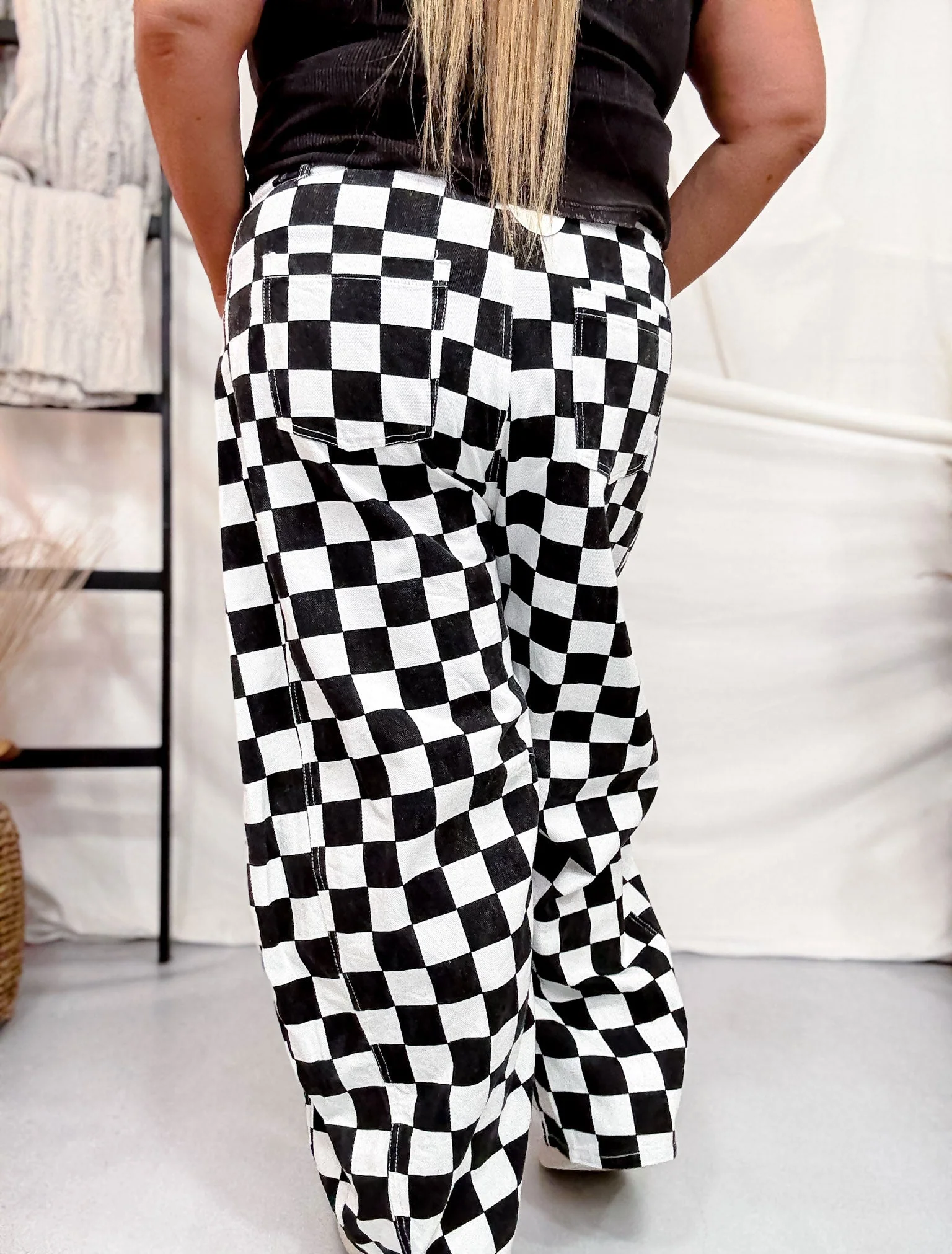 Black & White Checkered Barrel Leg Pants - Image 7
