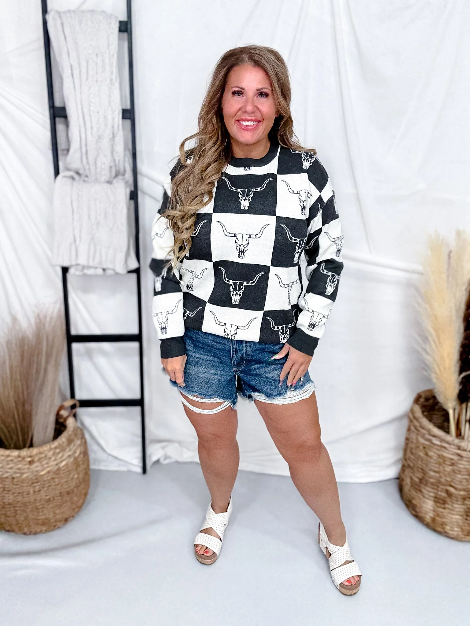 Black & White Checkered Cow Skull Print Sweater FINAL SALE - Image 2