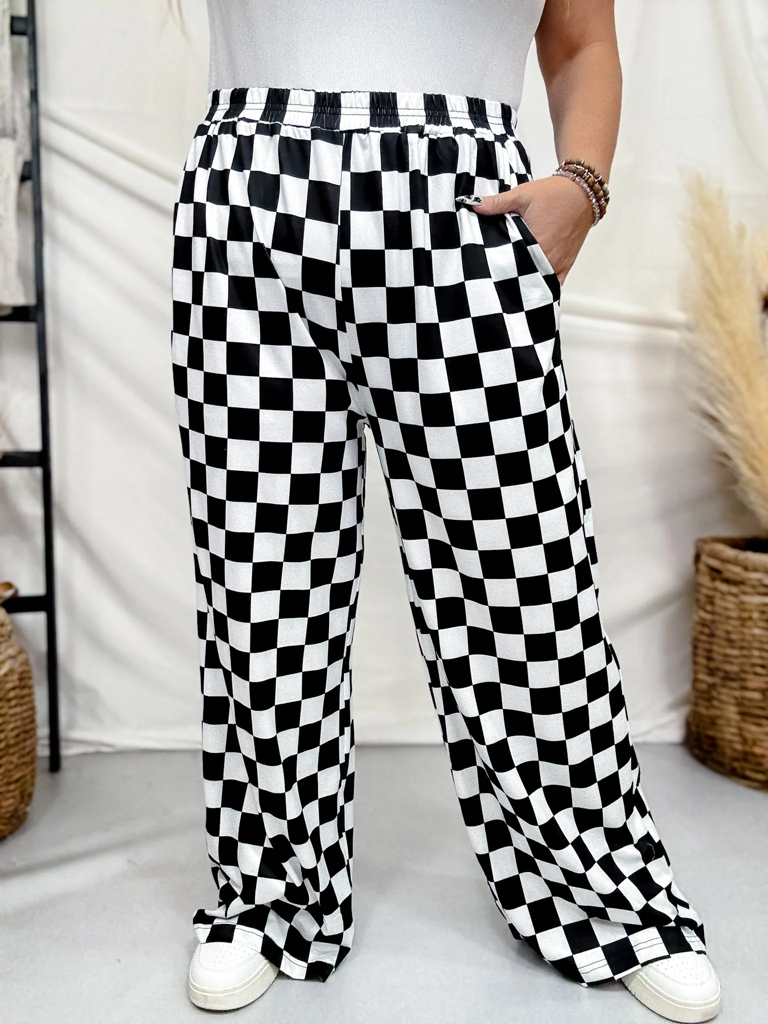 Black & White Checkered Elastic Waist Pants - Image 2