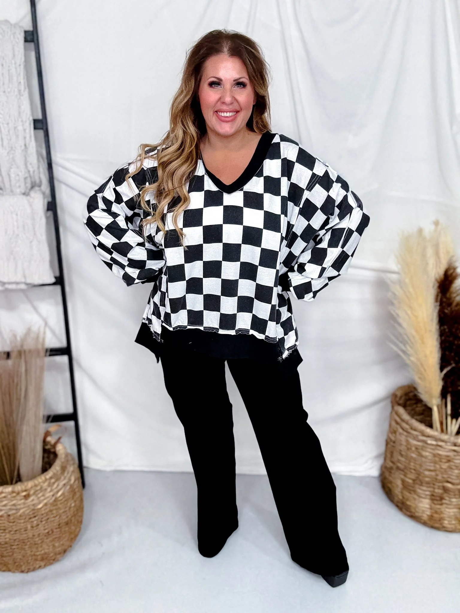 Black & White Checkered V-Neck Sweatshirt FINAL SALE - Image 3