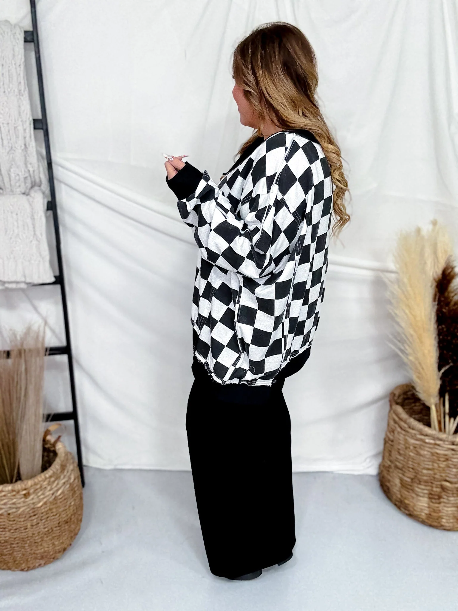 Black & White Checkered V-Neck Sweatshirt FINAL SALE - Image 4