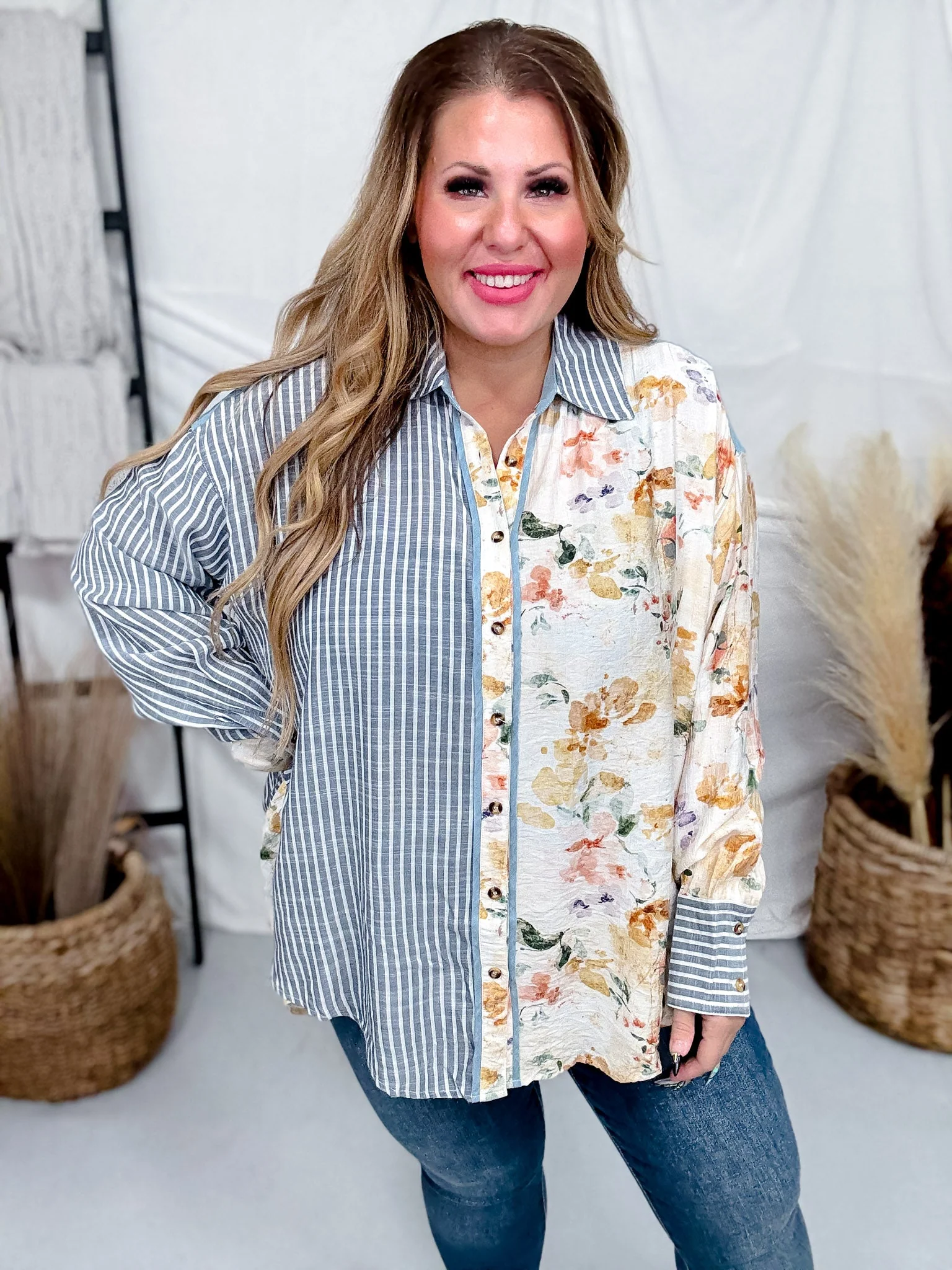 Blue and Ivory Mixed Print Button Down Shirt FINAL SALE - Image 2