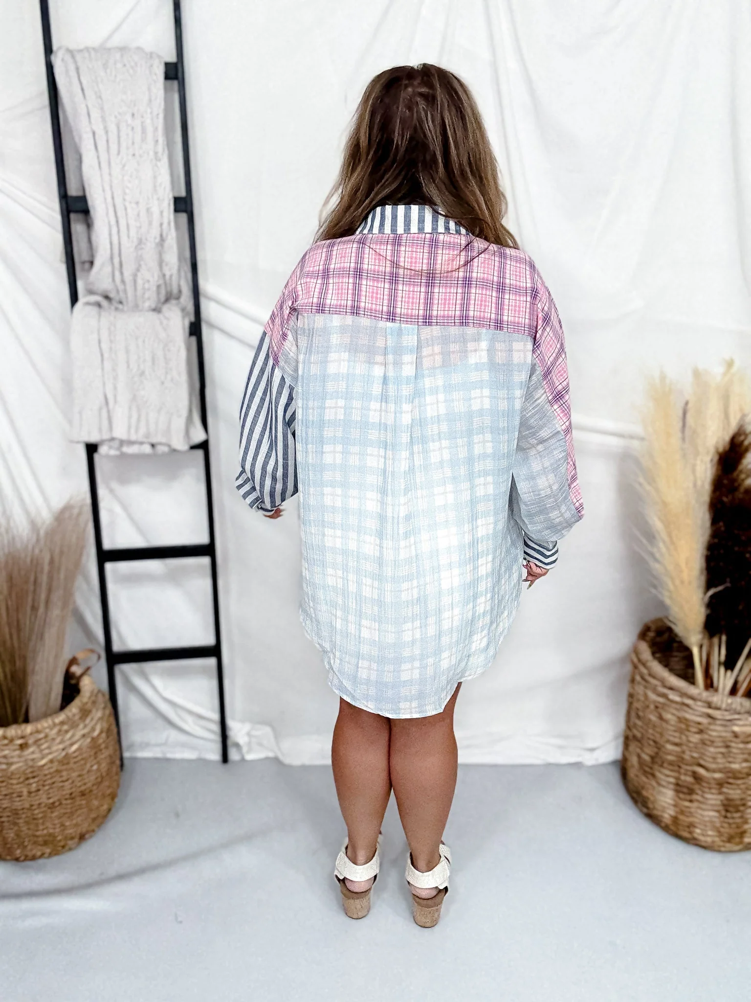 Blue & Pink Patchwork Patterned Button Down Shirt FINAL SALE - Image 8