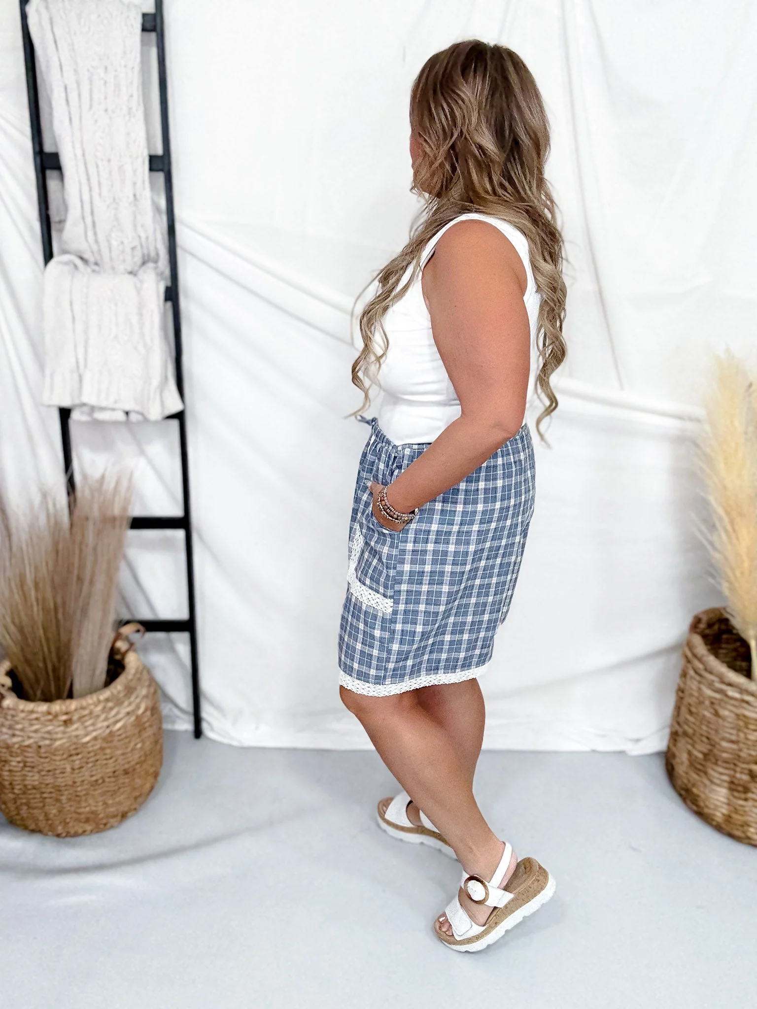 Blue Plaid Drawstring Shorts With Lace Trim FINAL SALE - Image 5
