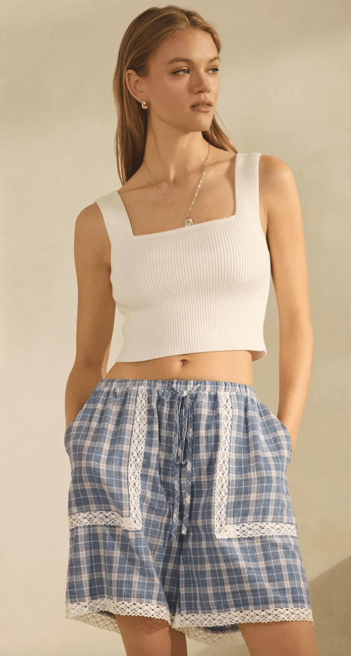 Blue Plaid Drawstring Shorts With Lace Trim FINAL SALE - Image 7