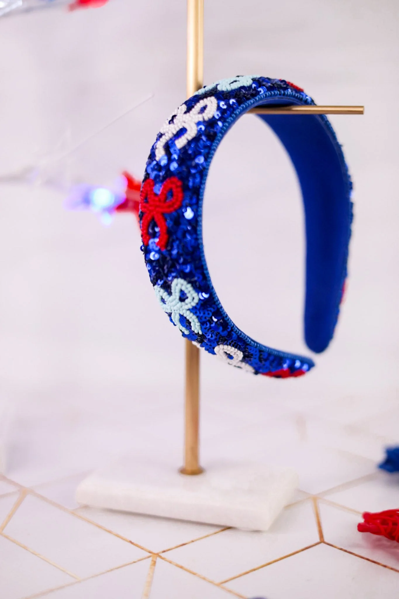 Blue Sequin Headband W/ Red White & Blue Beaded Bows FINAL SALE