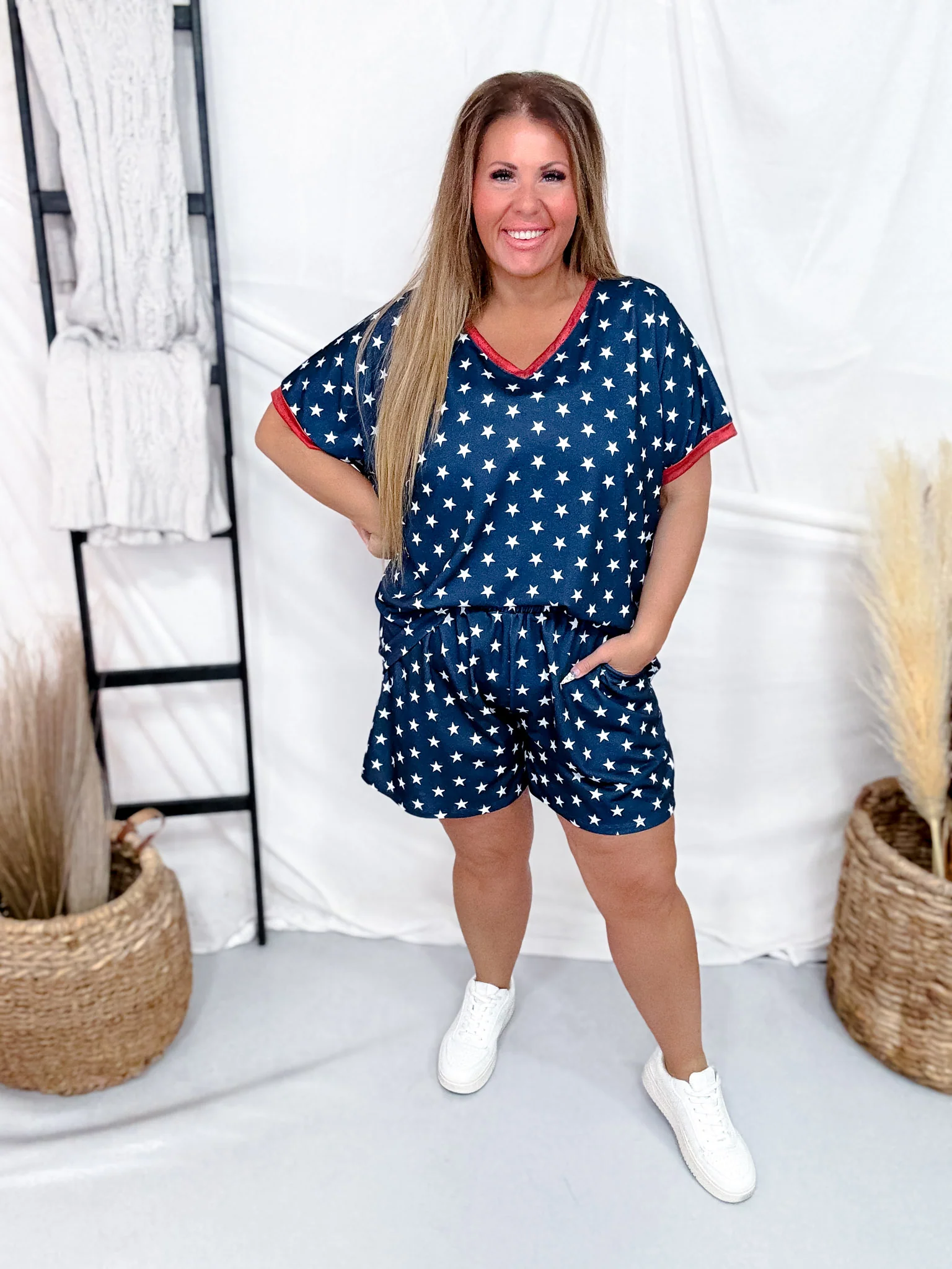 Blue & White Star Print Top With Red Trim V-Neckline FINAL SALE - Image 2