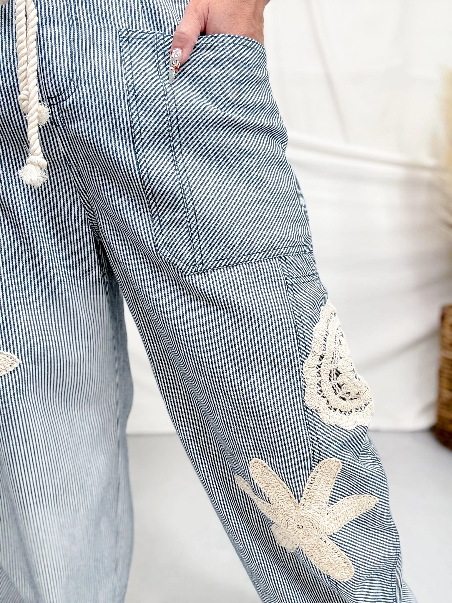 Blue & White Striped Drawstring Pants With Crochet Appliques - Image 3