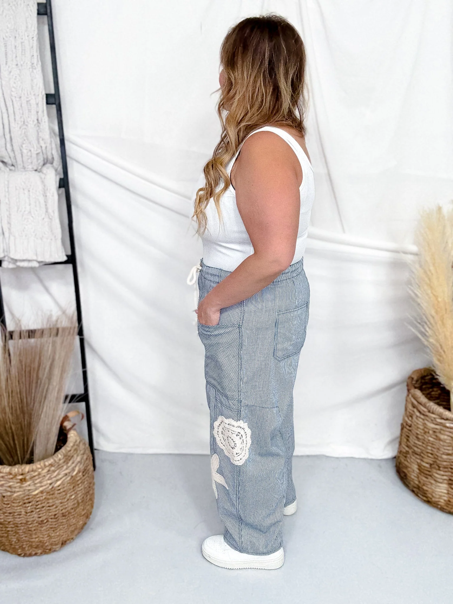 Blue & White Striped Drawstring Pants With Crochet Appliques - Image 4