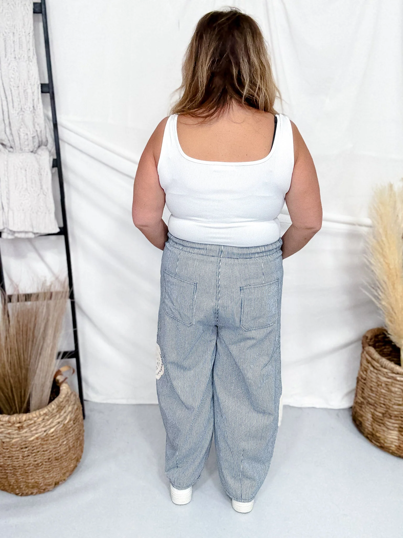 Blue & White Striped Drawstring Pants With Crochet Appliques - Image 5