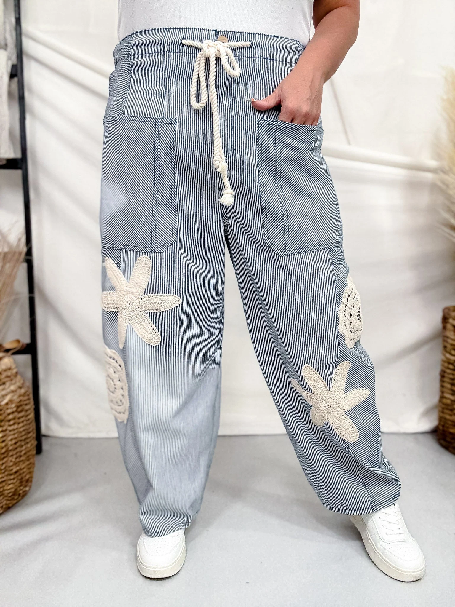 Blue & White Striped Drawstring Pants With Crochet Appliques - Image 6