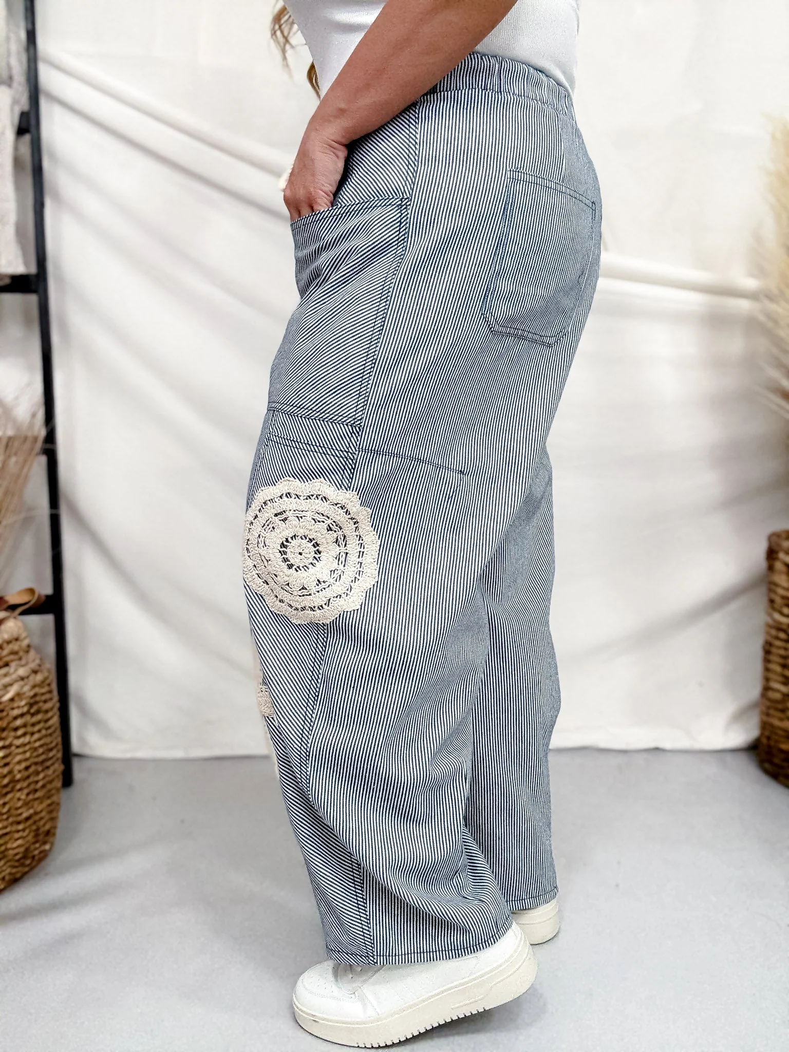 Blue & White Striped Drawstring Pants With Crochet Appliques - Image 7