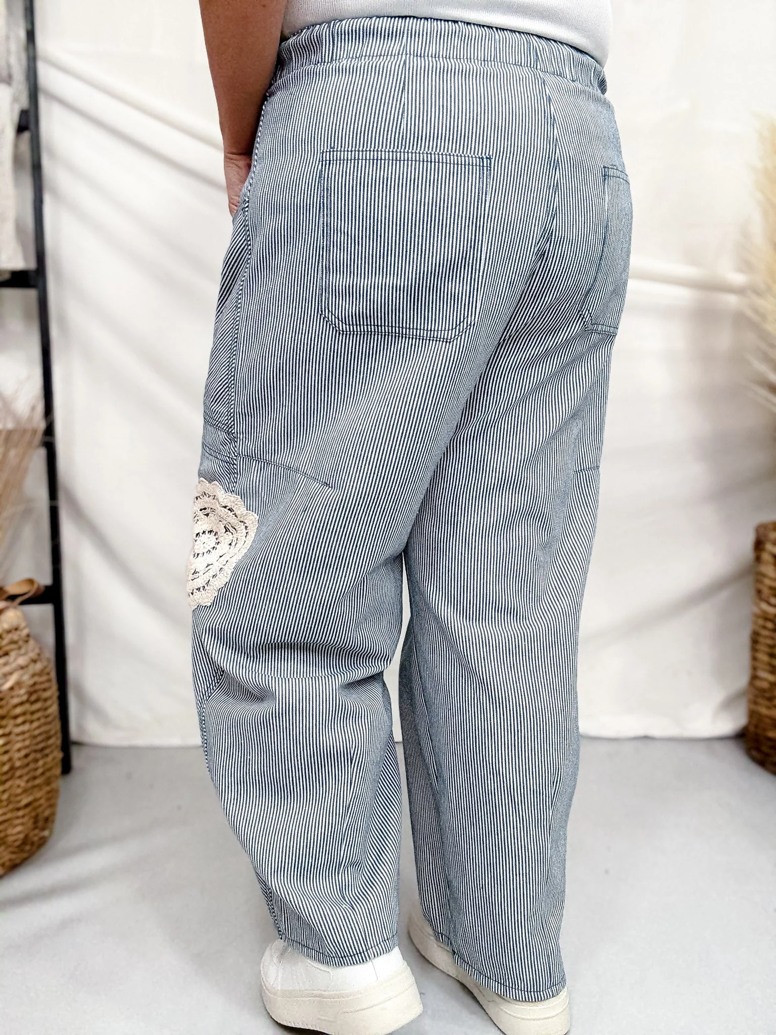 Blue & White Striped Drawstring Pants With Crochet Appliques - Image 8