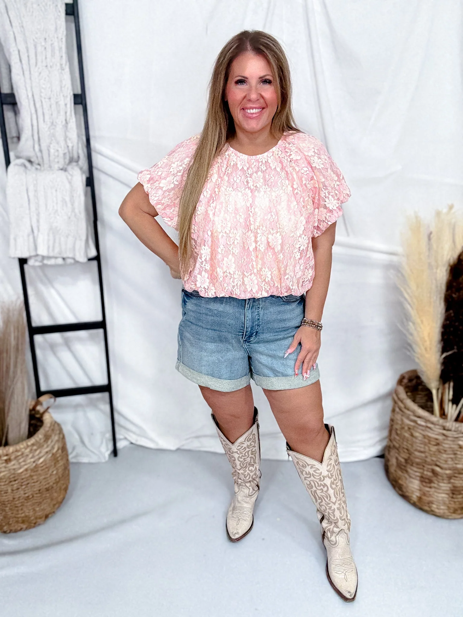 Blush Floral Lace Top With Bubble Hems & Shirred Neckline FINAL SALE - Image 2