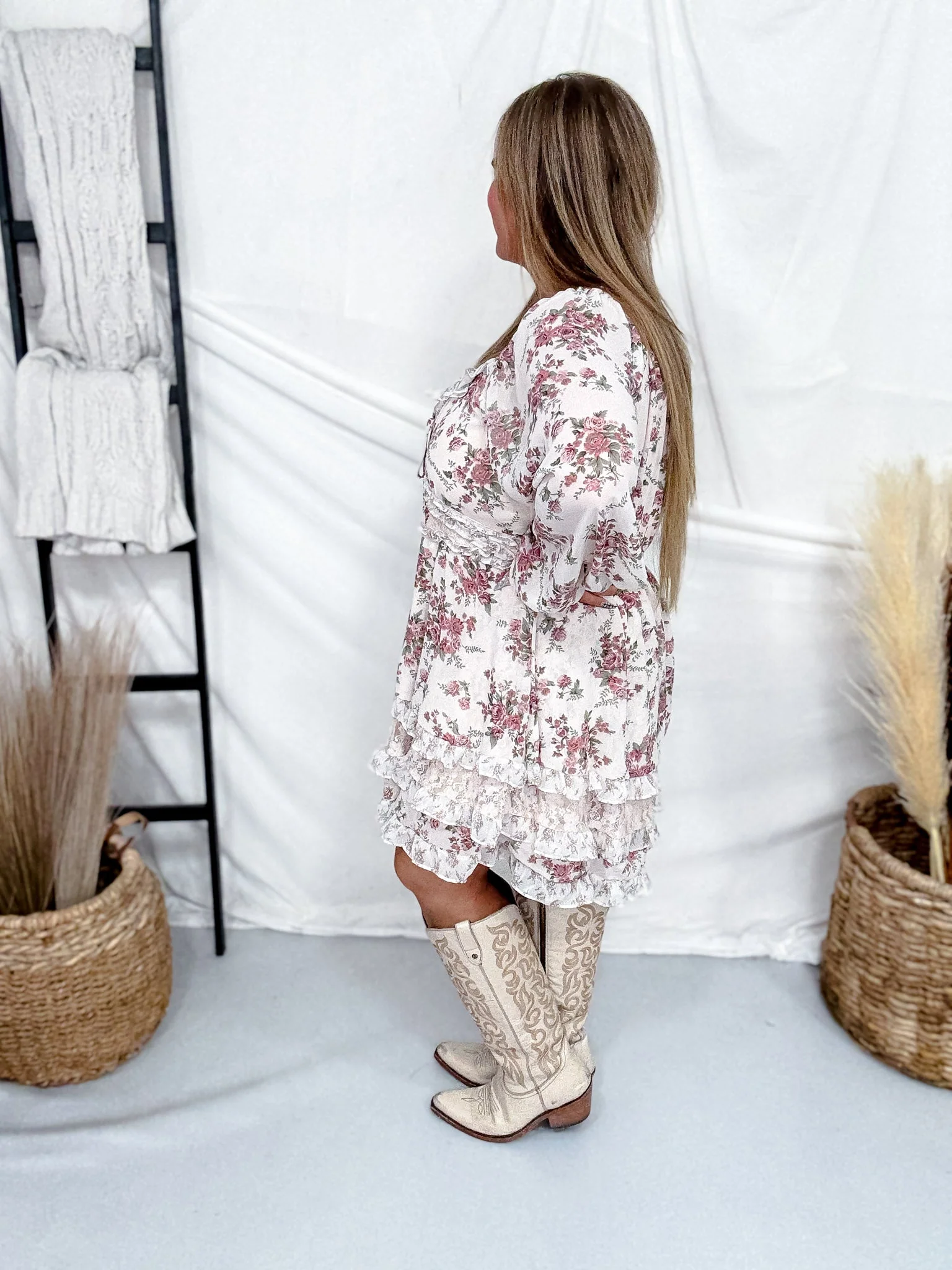 Blush Floral Print Ruffled Mini Dress With Lace Accents - Image 6