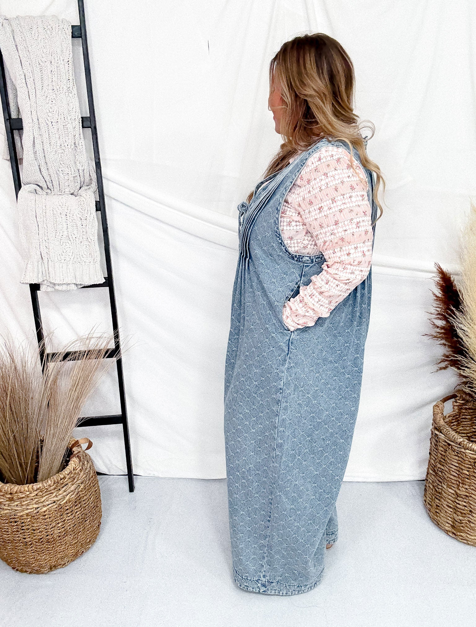 Bow Texture Denim Pintuck Jumpsuit W/ Side Pockets FINAL SALE - Image 4
