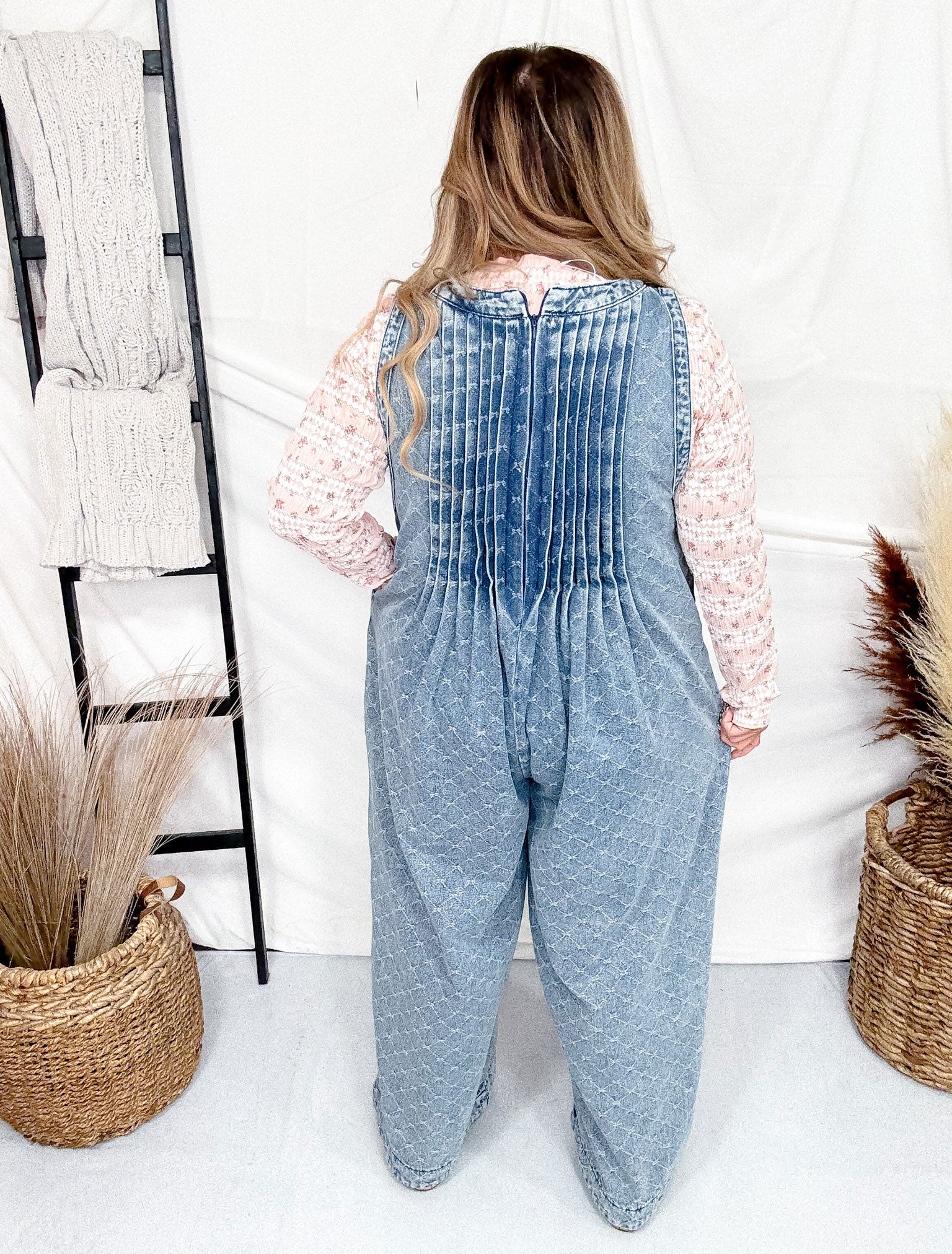 Bow Texture Denim Pintuck Jumpsuit W/ Side Pockets FINAL SALE - Image 5