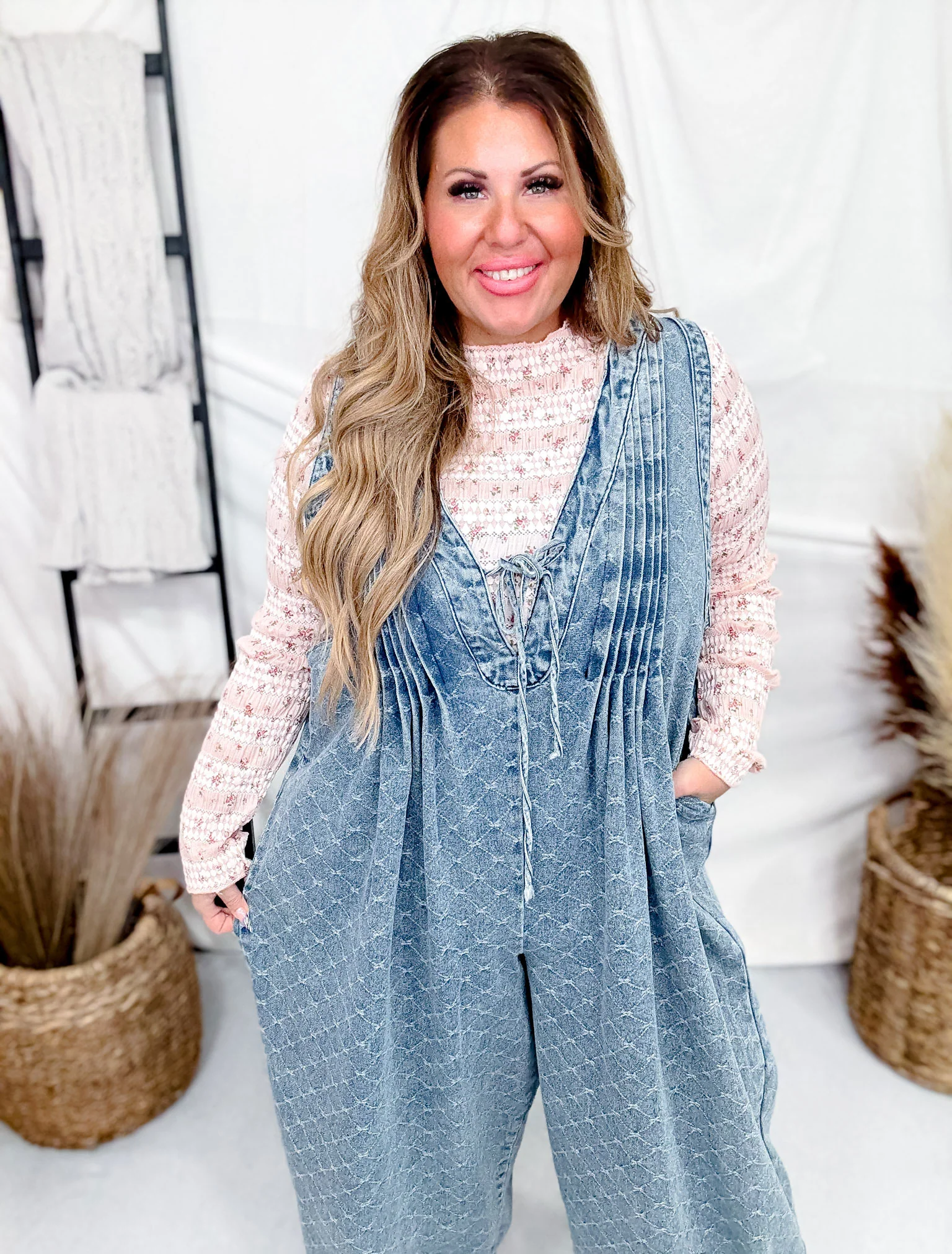 Bow Texture Denim Pintuck Jumpsuit W/ Side Pockets FINAL SALE - Image 7