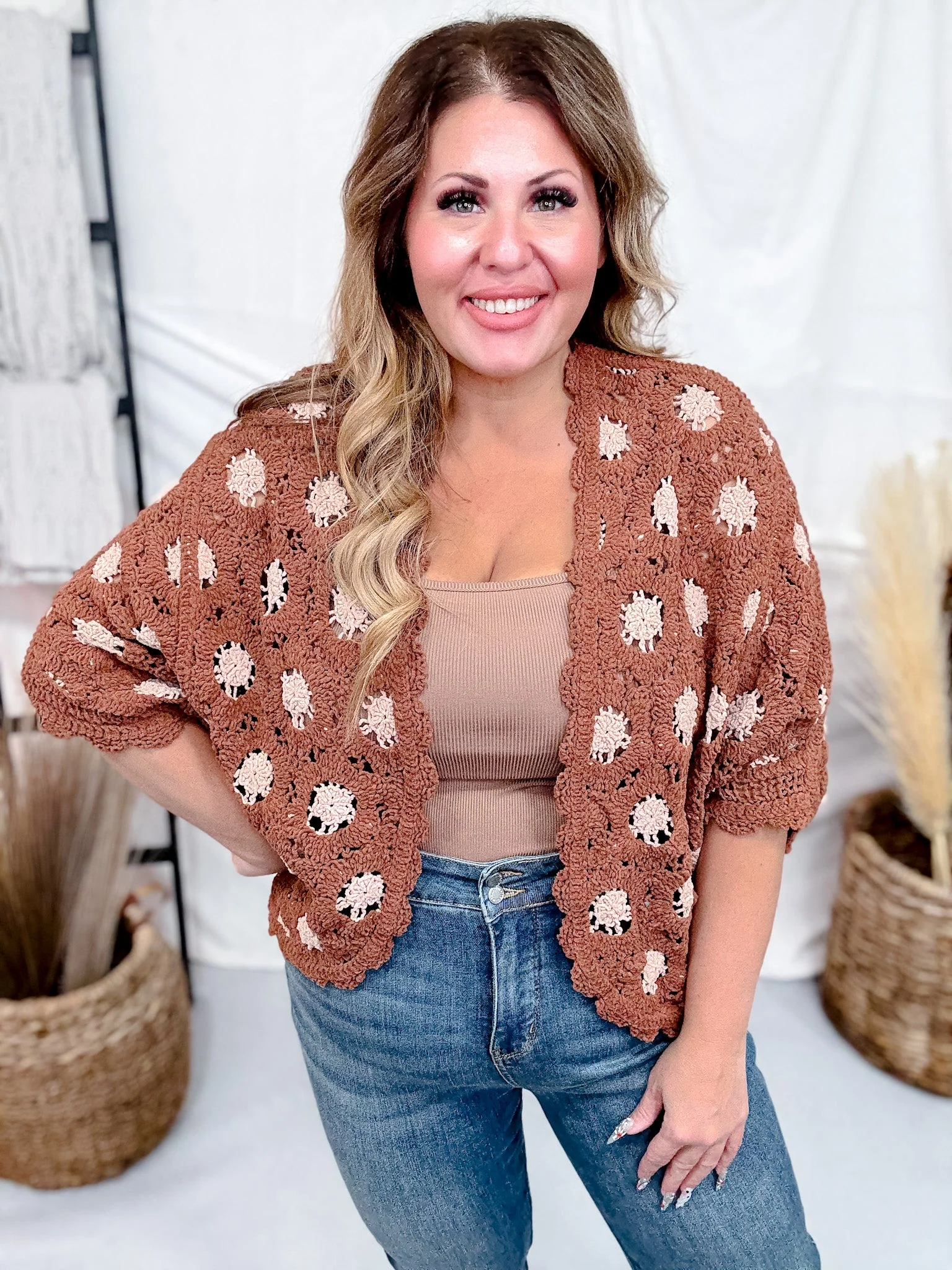 Brick & Latte Long Sleeve Open Knit Cardigan FINAL SALE - Image 3
