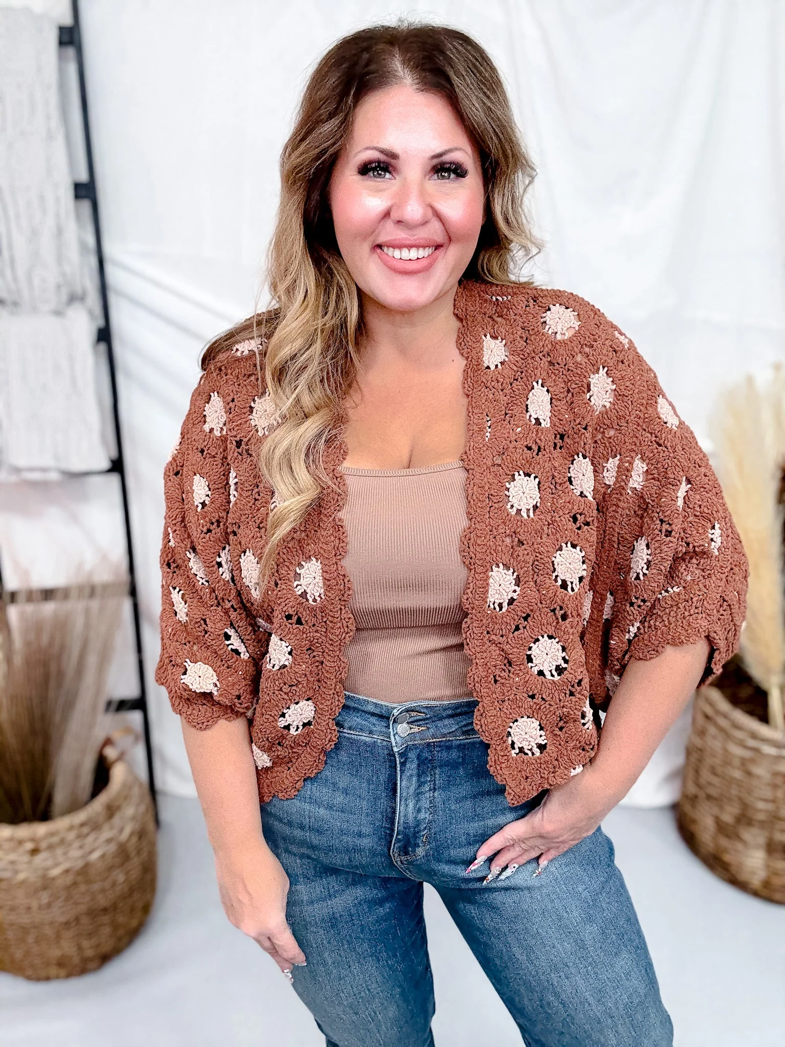 Brick & Latte Long Sleeve Open Knit Cardigan FINAL SALE - Image 5
