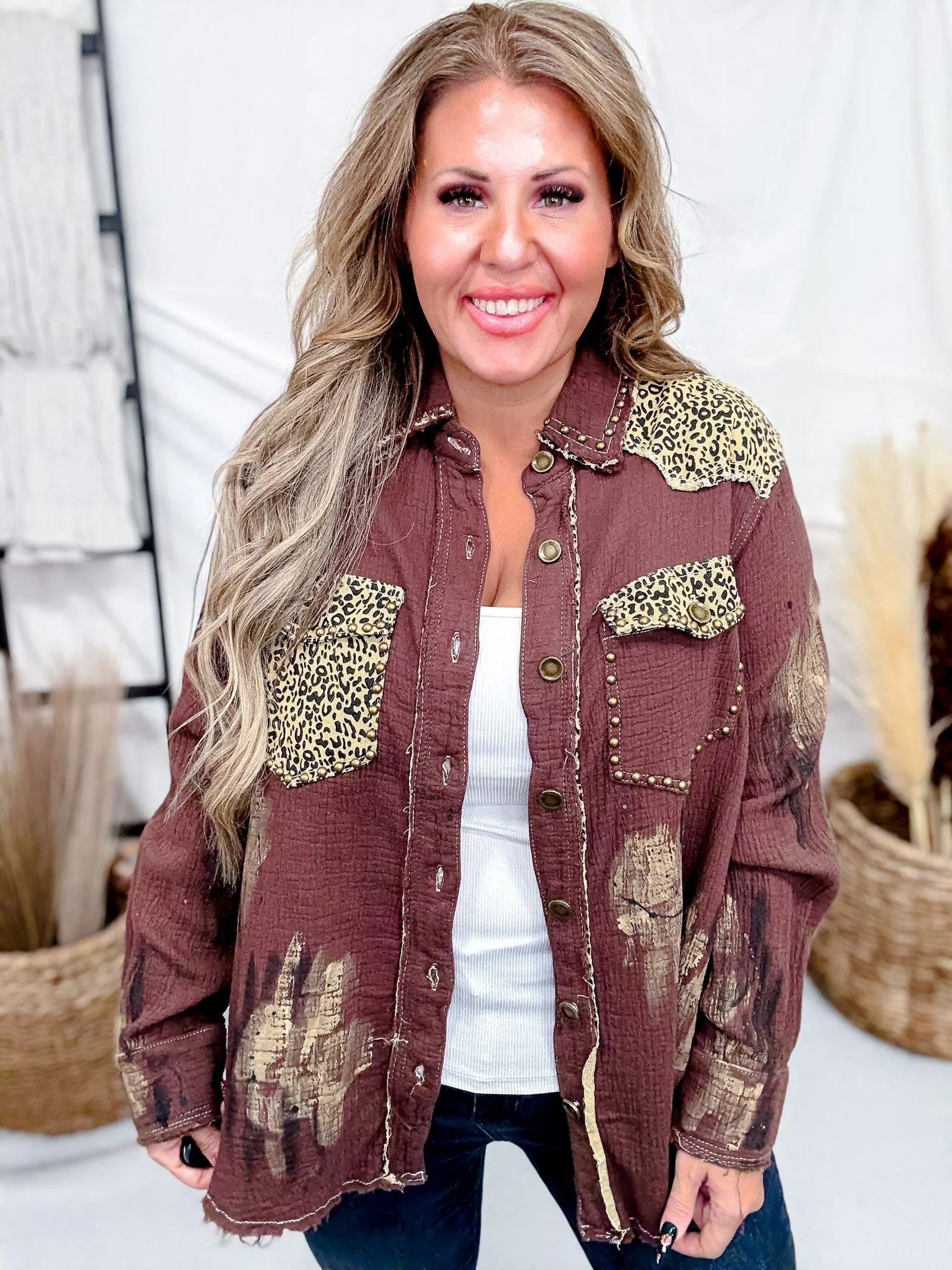 Brown Distressed Shacket With Leopard Print Patches