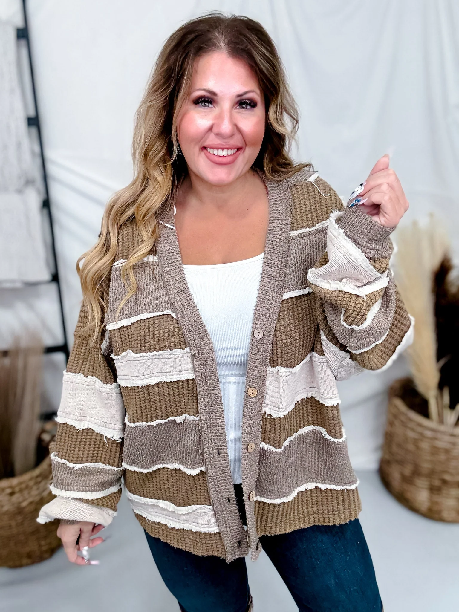 Brown Multi Washed Color Block & Patchwork Cardigan FINAL SALE - Image 3