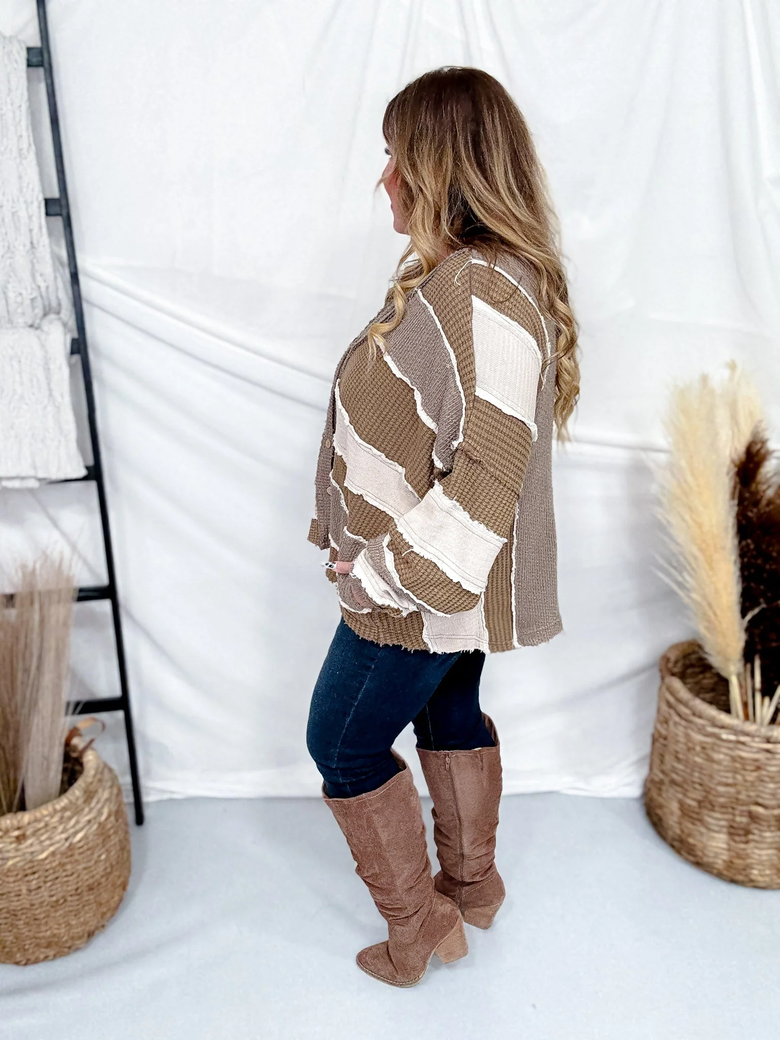 Brown Multi Washed Color Block & Patchwork Cardigan FINAL SALE - Image 6